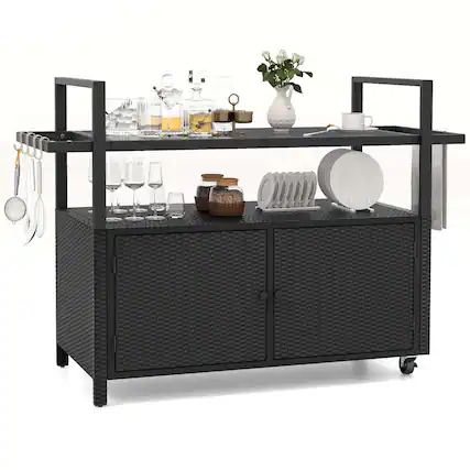 Front. Costway - Costway Outdoor Bar Cart with Tempered Glass Top Storage Cabinet & 8 Hooks for Porch - Black.
