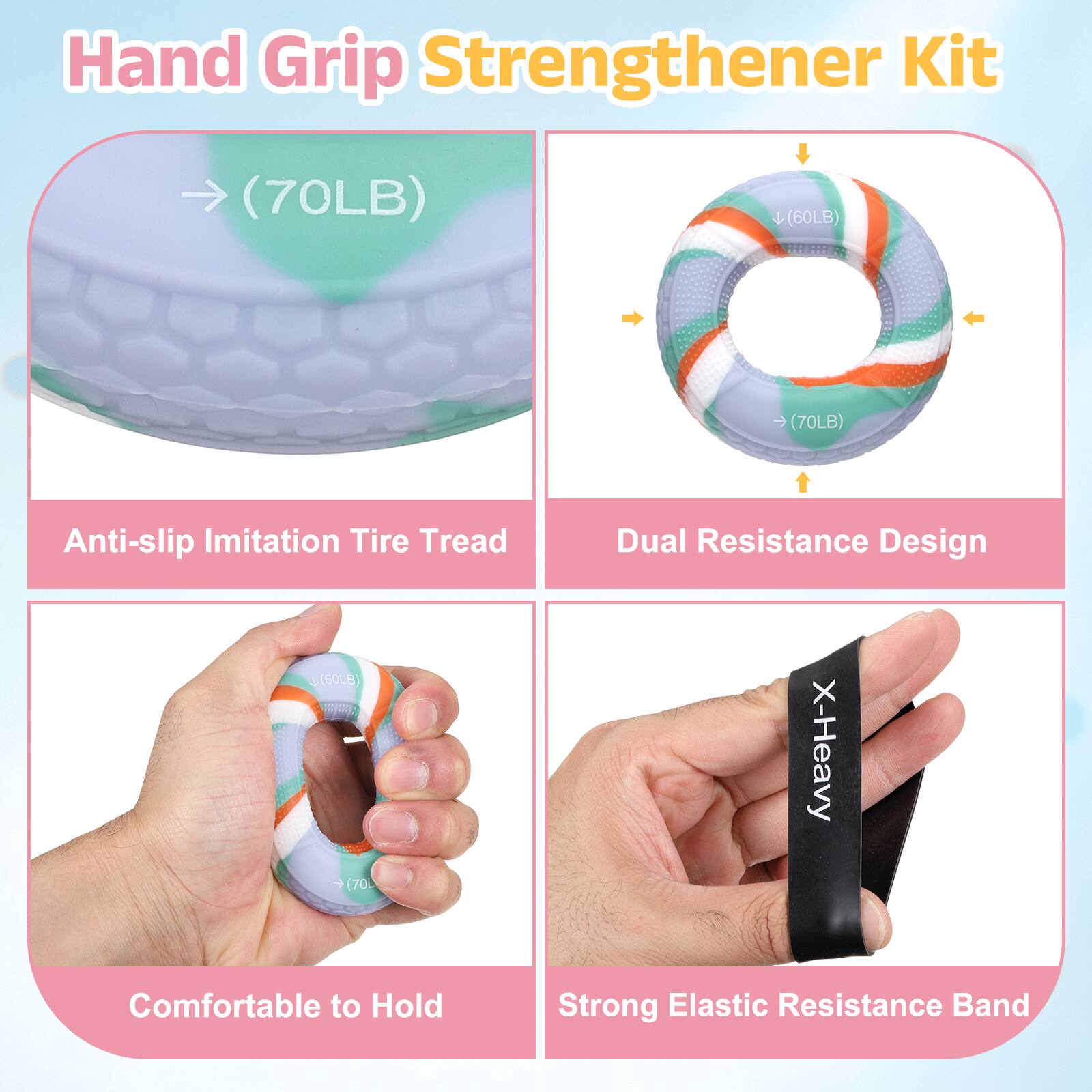 Hand Grip Strengthener Kit (70LB) (60LB) (70LB) Anti-slip Imitation Tire Tread Dual Resistance Design S(60LB) S | (70 X-Heavy Comfortable to Hold Strong Elastic Resistance Band