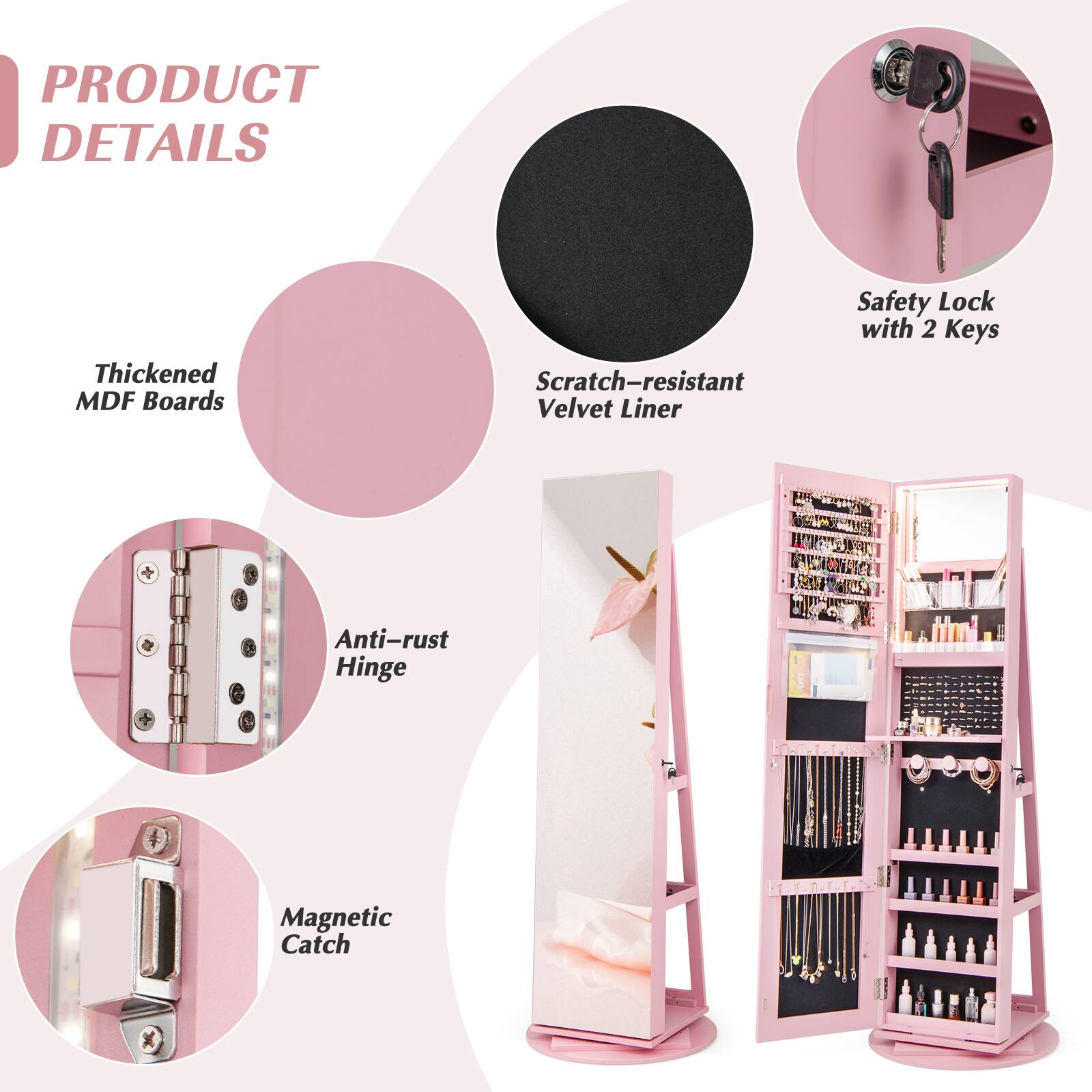 PRODUCT DETAILS

- Thickened MDF Boards
- Scratch-resistant Velvet Liner
- Safety Lock with 2 Keys
- Anti-rust Hinge
- Magnetic Catch