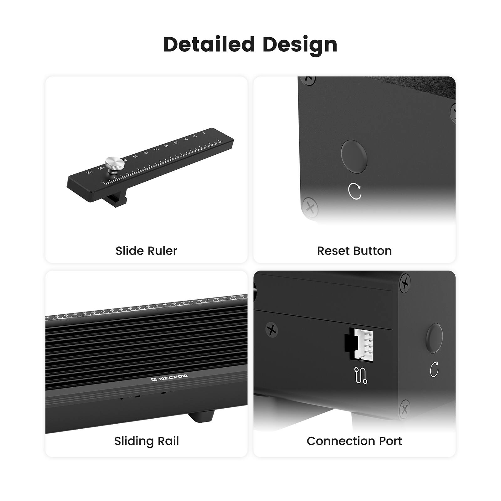 Detailed Design

- Slide Ruler
- Reset Button
- Sliding Rail
- Connection Port