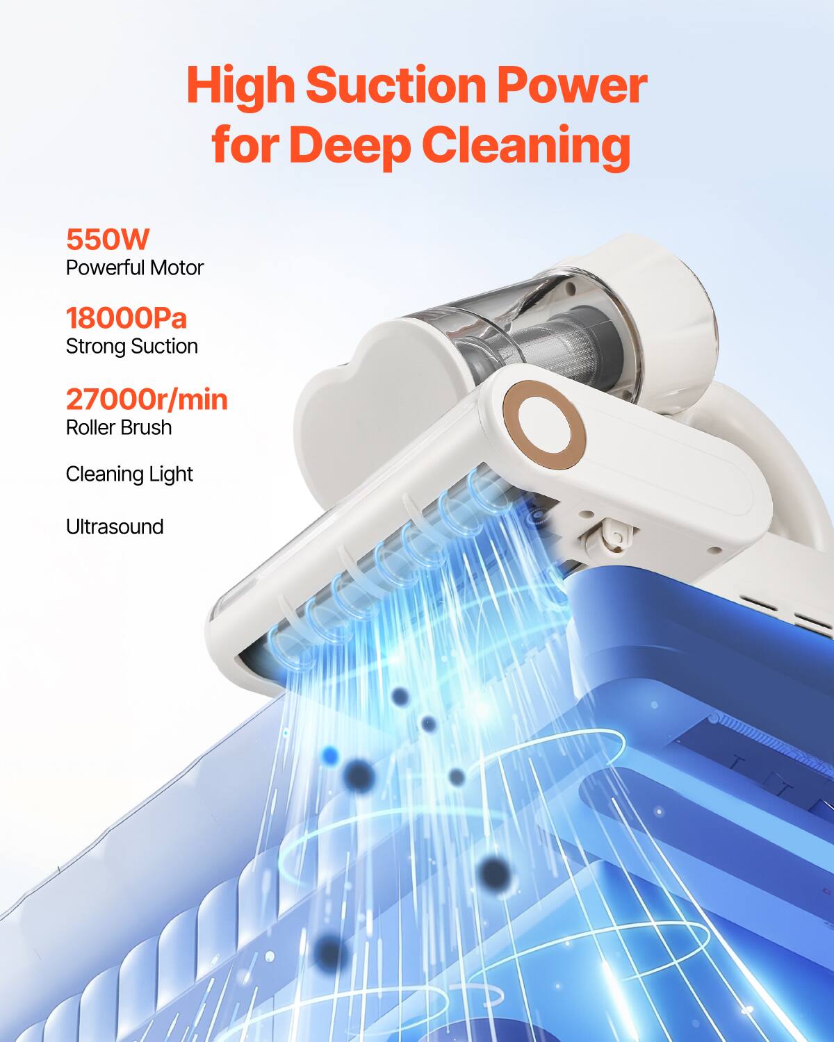 High Suction Power for Deep Cleaning

550W Powerful Motor
18000Pa Strong Suction
27000r/min Roller Brush
Cleaning Light
Ultrasound