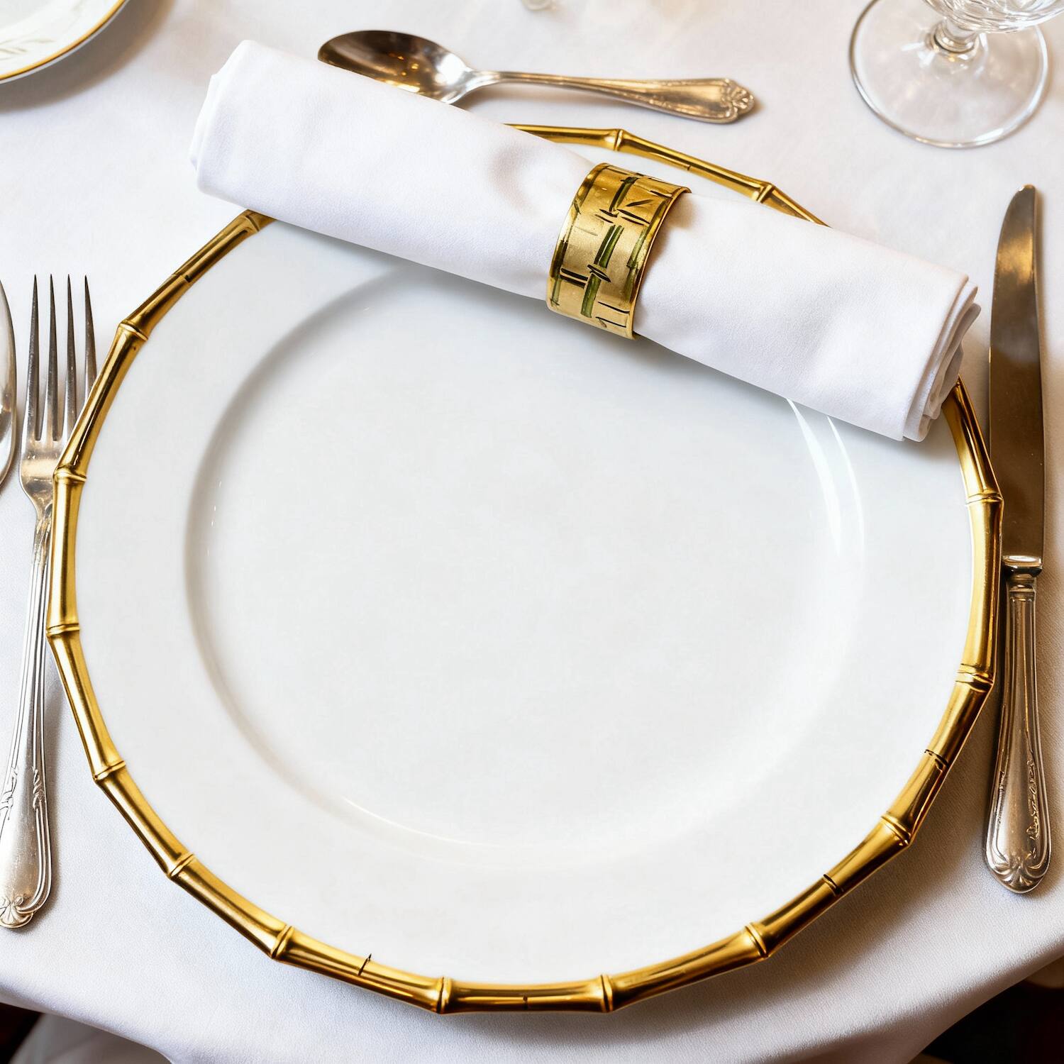Left. American Atelier - Bamboo White & Gold Plated Set of 4 Charger Plates 13"D - Gold.