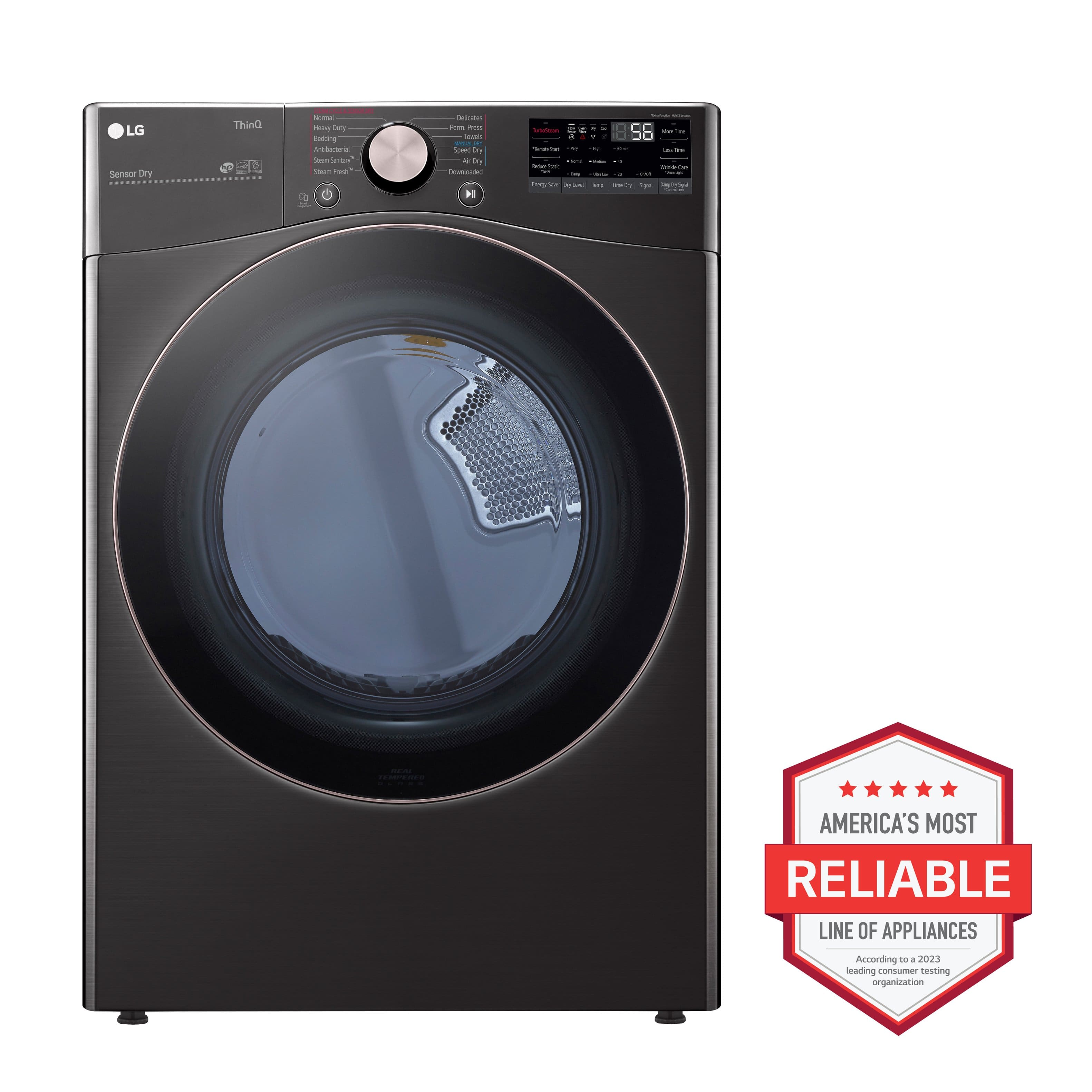 The image features a black LG washing machine with a large window on the door. The machine is equipped with a sensor drying system, which is designed to improve efficiency and reduce energy consumption. The washer is also labeled as America's most reliable line of appliances, indicating its high quality and dependability.