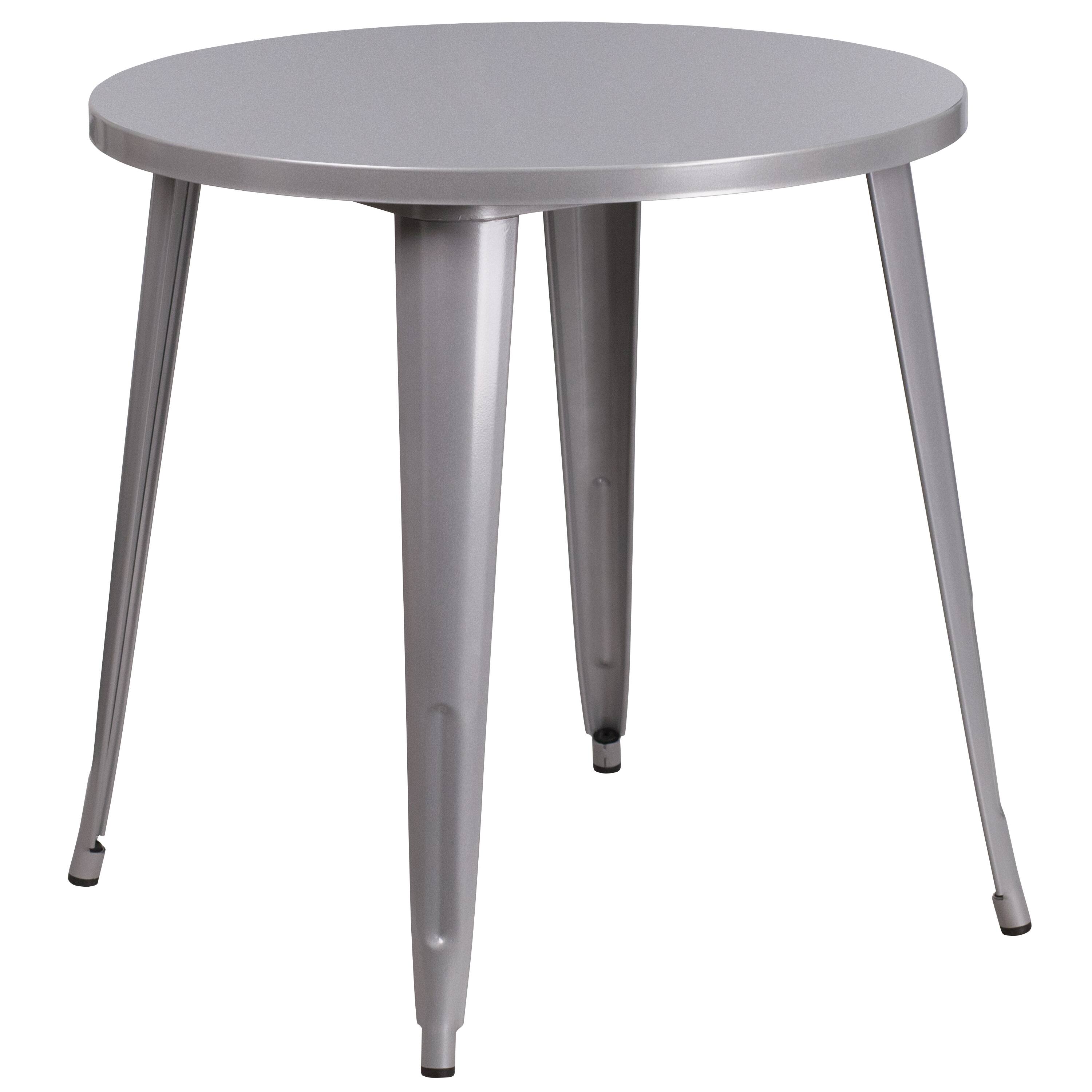 Alt View 3. Emma + Oliver - Commercial Grade 30" Round Metal Indoor-Outdoor Table Set & 2 Slat Back Chairs - Silver.