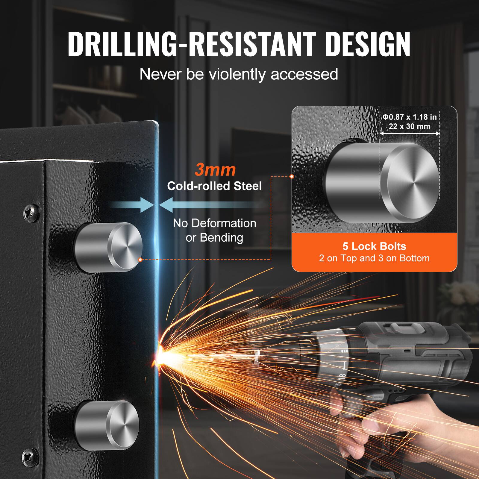 DRILLING-RESISTANT DESIGN Never be violently accessed 0.87 x 1.18 in 22 x 30 mm 3mm Cold-rolled Steel No Deformation or Bending 5 Lock Bolts 2 on Top and 3 on Bottom