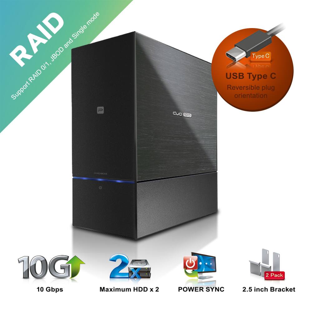 RAID Support RAID 0/1, JBOD and Single mode

USB Type C Reversible plug orientation

10G 10 Gbps

2kg Maximum HDD x 2

POWER SYNC

2 Pack 2.5 inch Bracket
