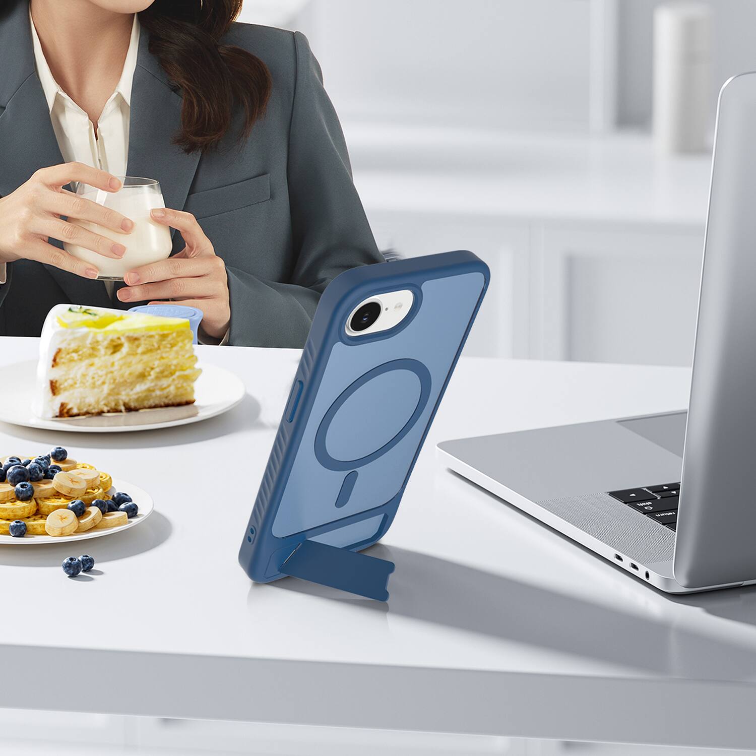 Alt View 3. Dteck - for Apple iPhone 17e / 16e Translucent Matte Case,Shockproof Stand Slim Mag Safe Cover with Glass Screen - Darkblue.
