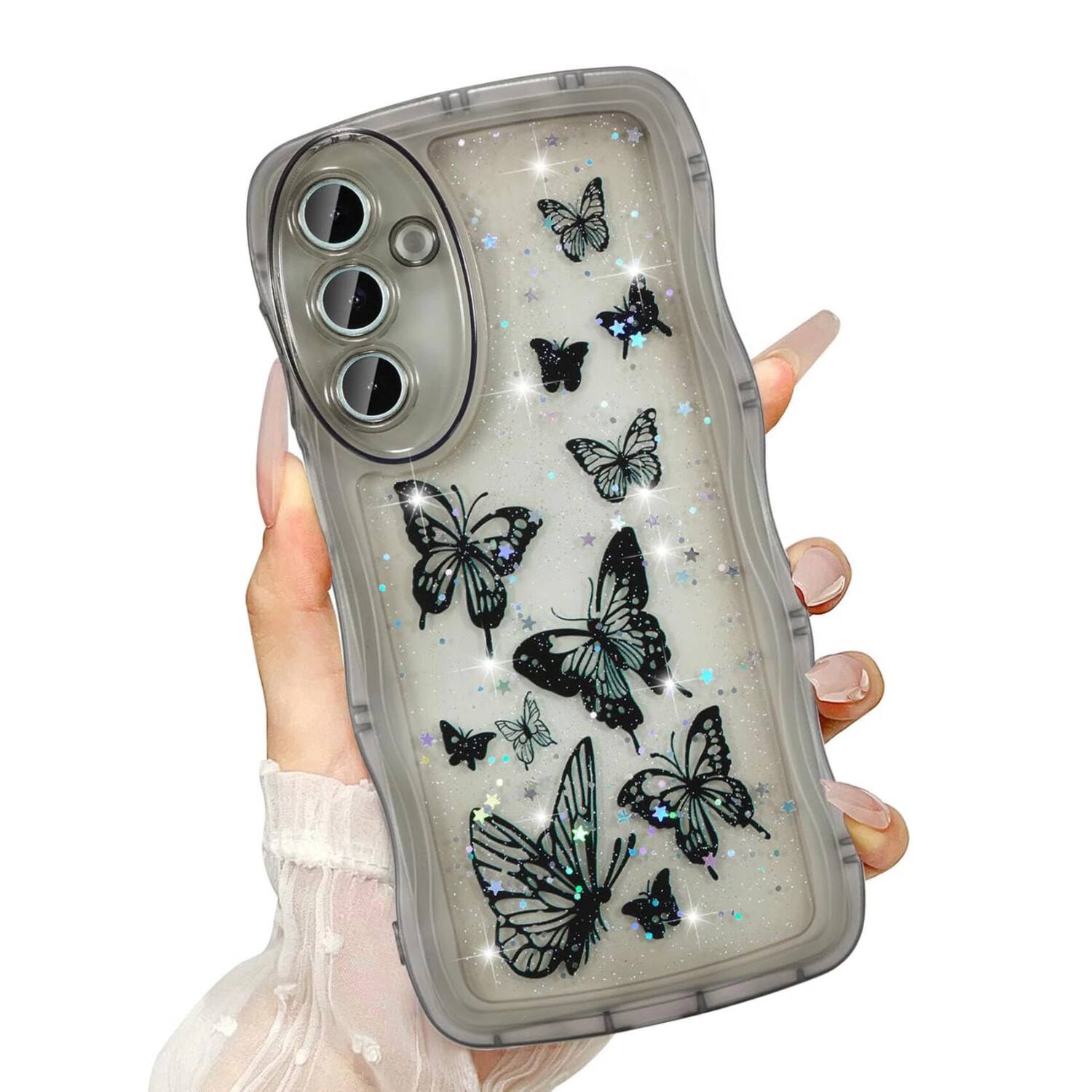 Front. Stock Preferred - Glitter Butterfly Case for Samsung Galaxy A15 - Black - Black.