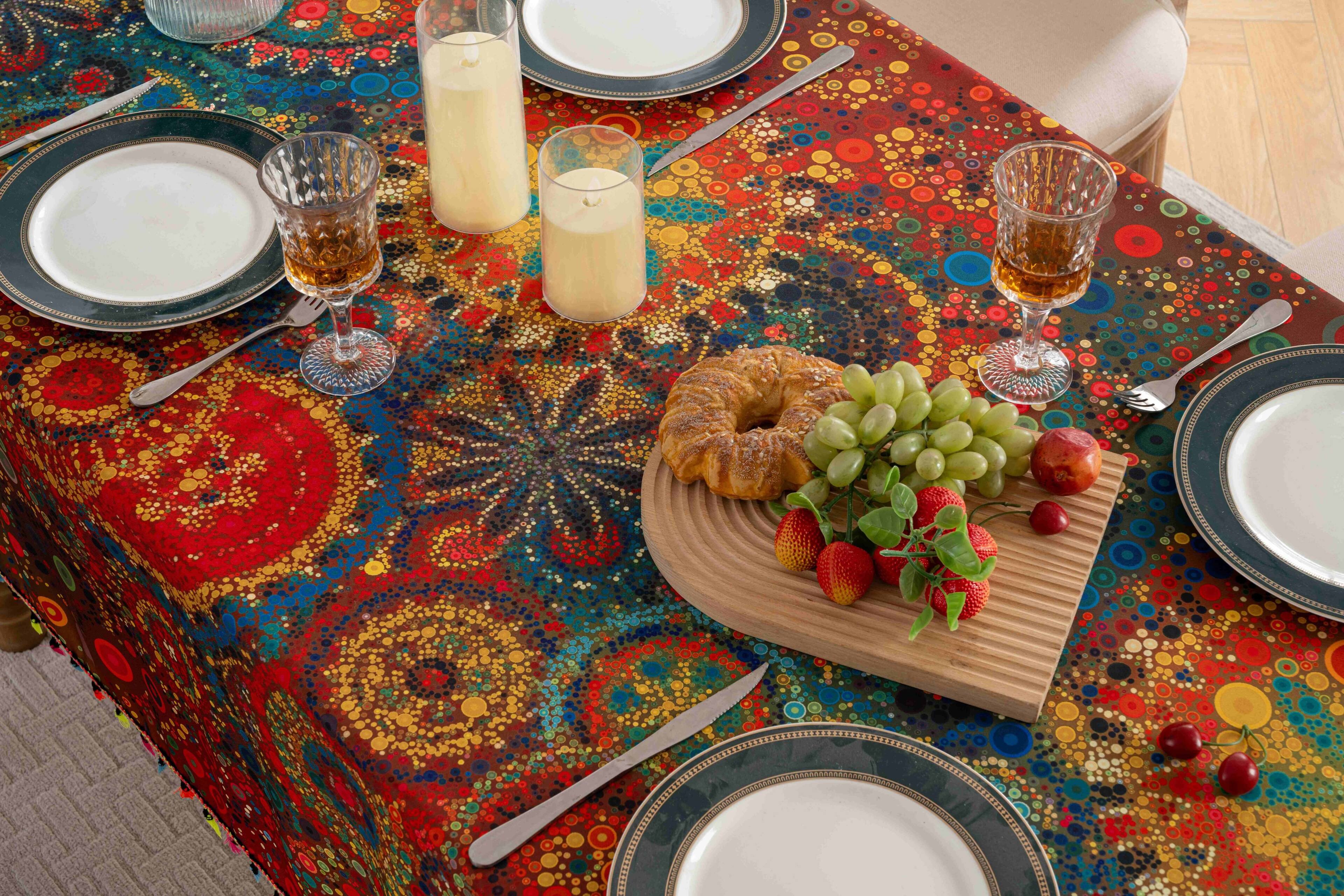 Left. Oumilen - Boho Round Dot Tablecloth with Multicolor Tassels – Waterproof Square for Kitchen Party, 23.62x23.62in - Multicolor.