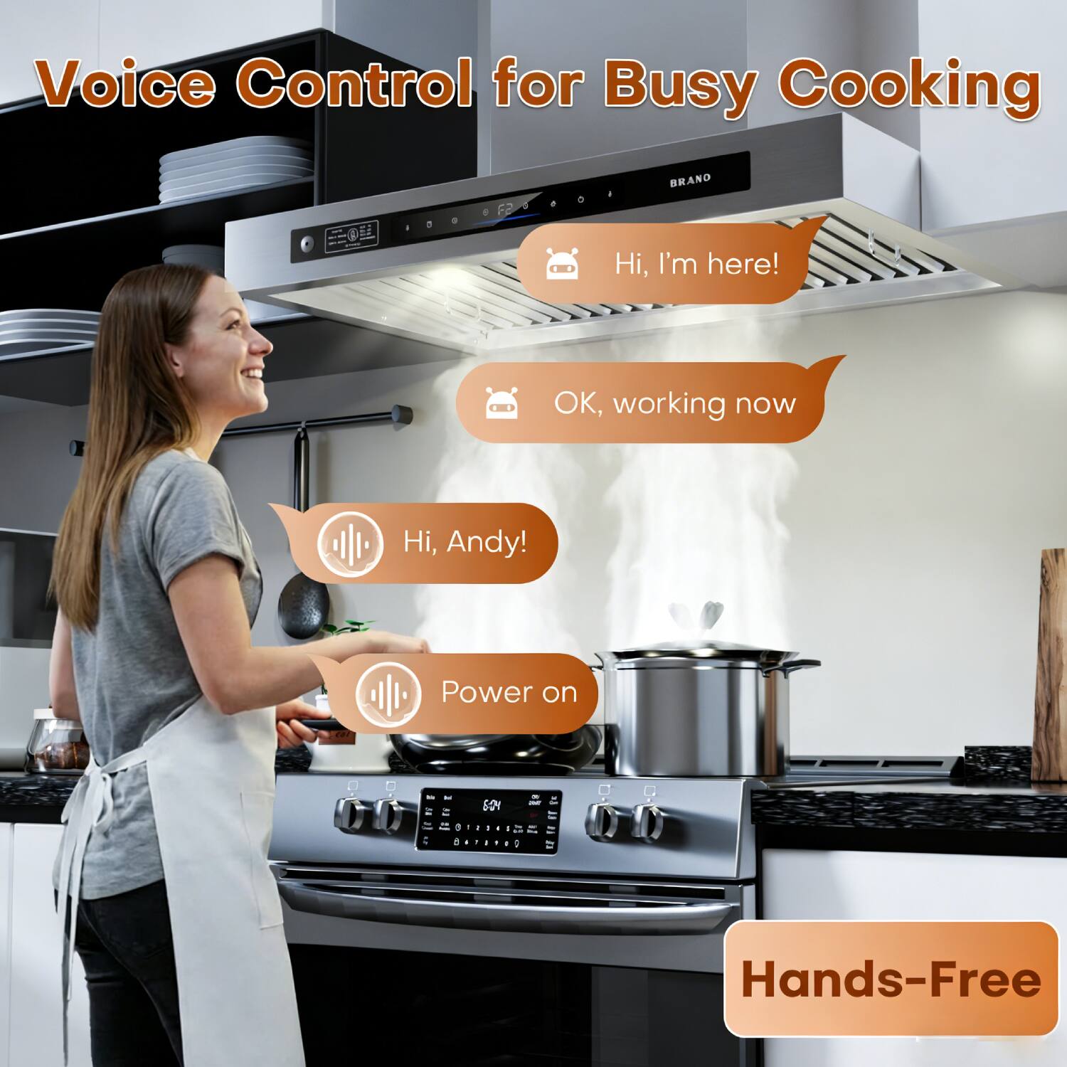 Voice Control for Busy Cooking

Hi, I'm here!
OK, working now
Hi, Andy!
Power on

Hands-Free