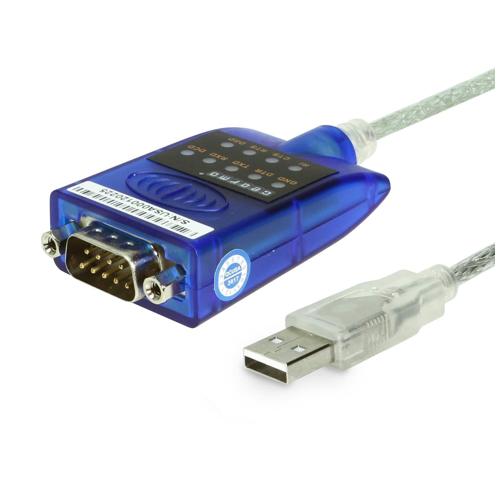 Gearmo - USB to Serial RS-232 Adapter with LED Indicators, FTDI Chipset, Supports Windows 11/10/8.1/8/7, Mac OS X 10.6 and Above - Blue