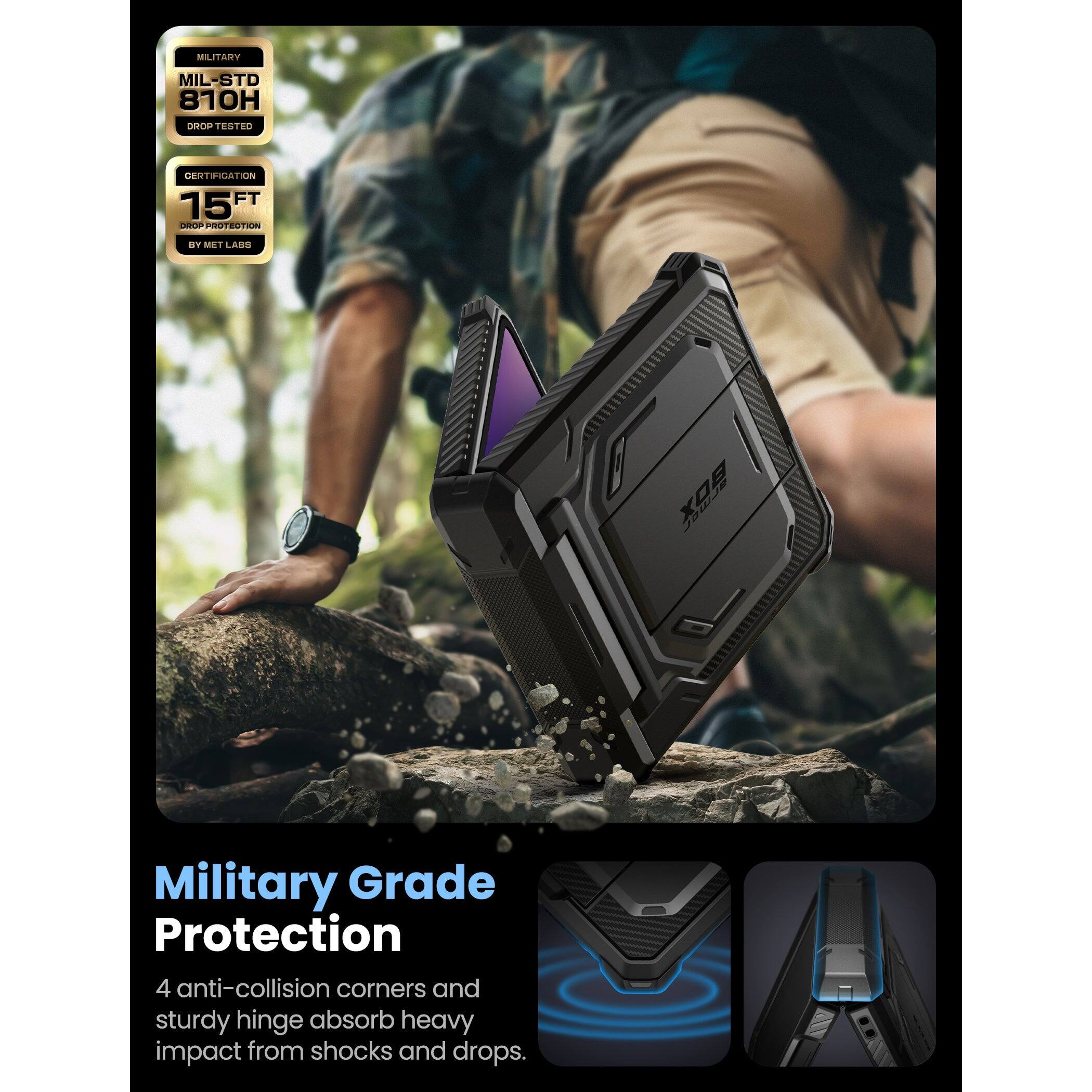 MILITARY  
MIL-STD 810H  
DROP TESTED  

CERTIFICATION  
15 FT  
DROP PROTECTION  
BY MET LABS  

Military Grade Protection  
4 anti-collision corners and sturdy hinge absorb heavy impact from shocks and drops.