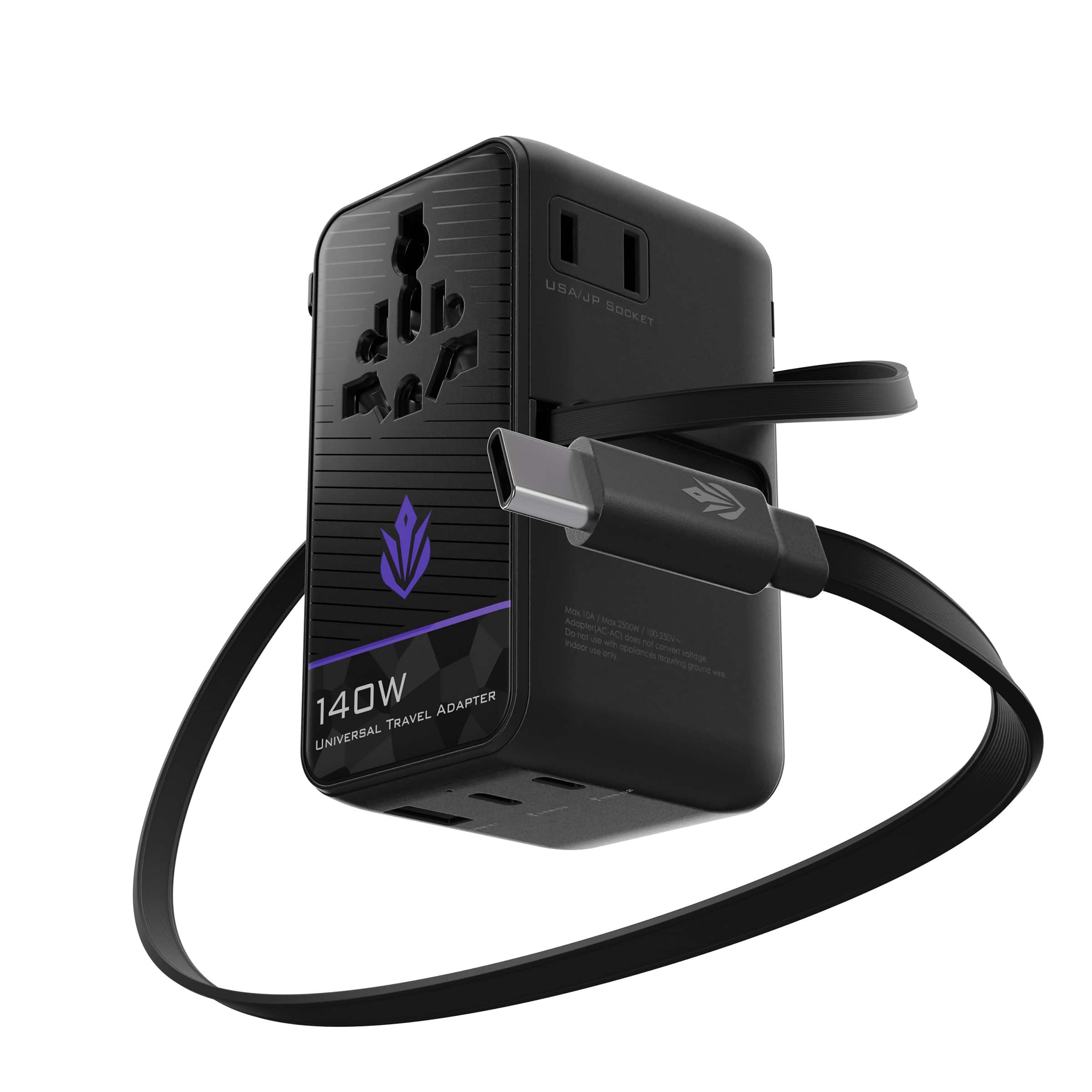 ELO - Phase 140W GaN 6-in-1 Universal Travel Adapter - 2x USB-C, 1x USB-A, Retractable USB-C Cable - US/UK/EU/AU - Black