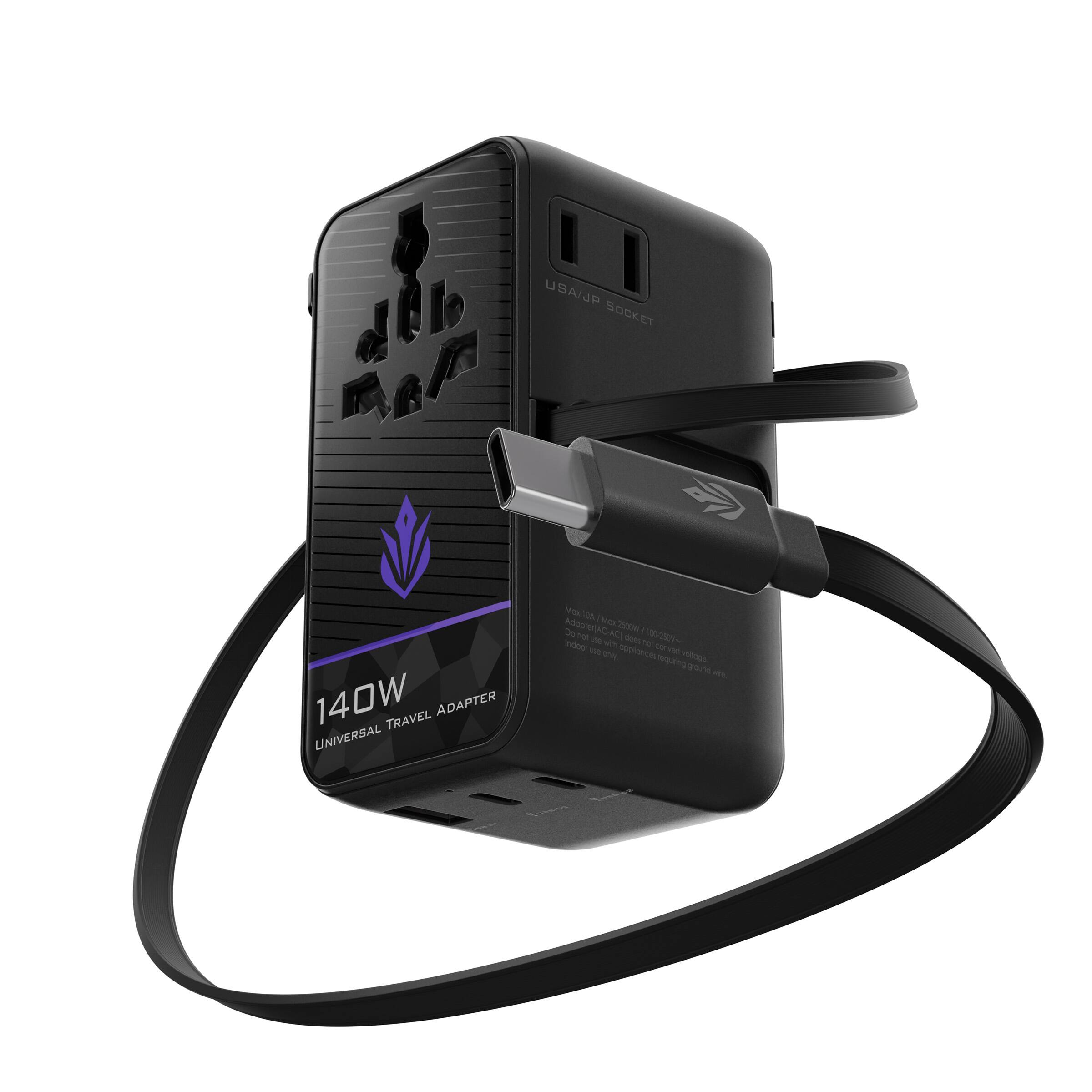 ELO - Phase 140W GaN 6-in-1 Universal Travel Adapter - 2x USB-C, 1x USB-A, Retractable USB-C Cable - US/UK/EU/AU - Black