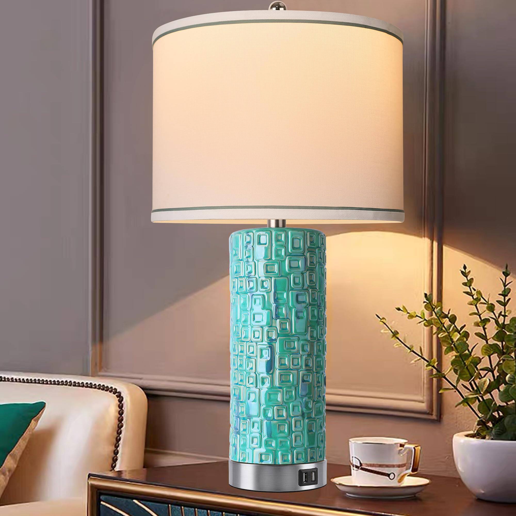 Angle. Pawtners - CeramicTable Lamps Set of 2 Lamps for Bedroom Living Room Rotary Coastal Bedside Lamp for Nightstand.