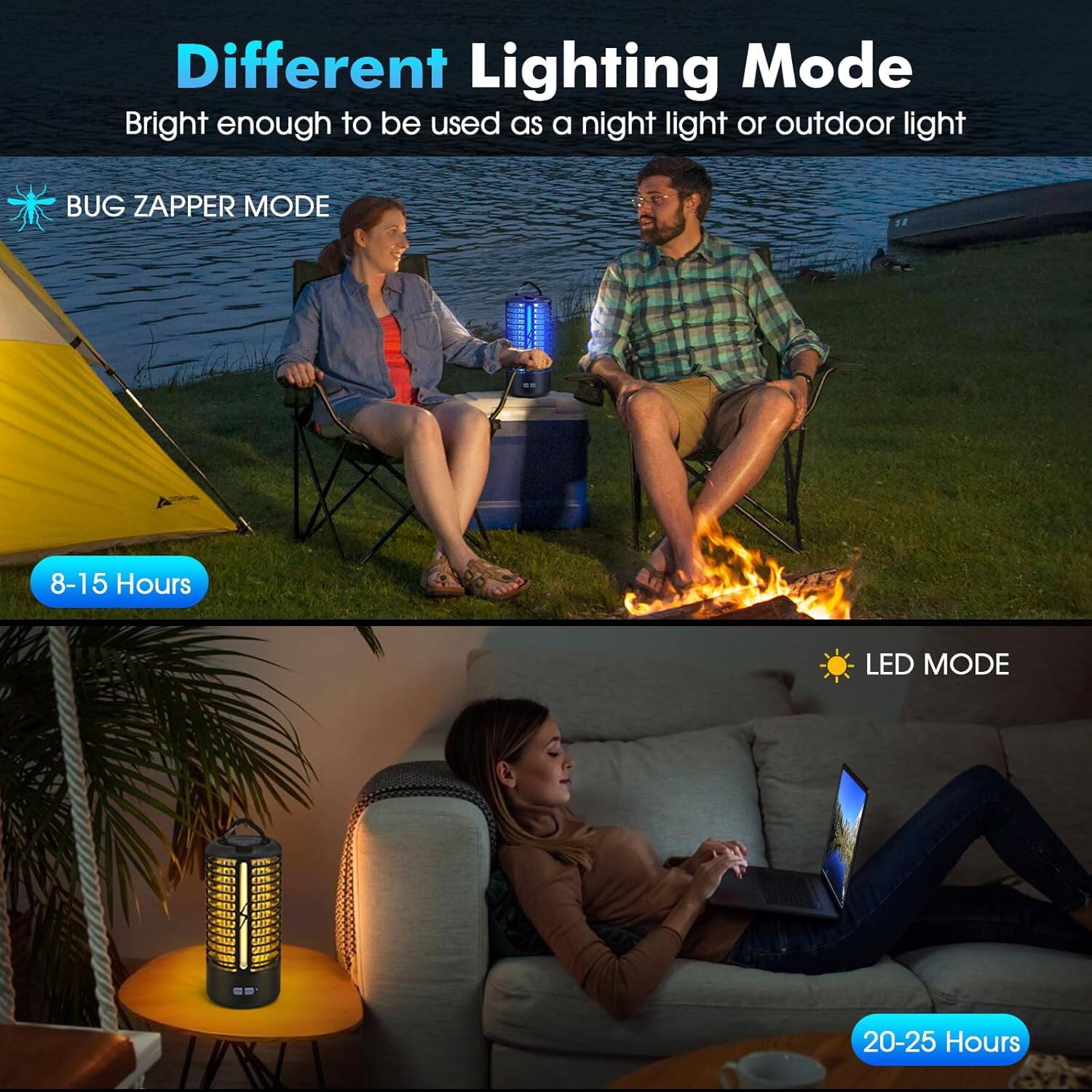 Different Lighting Mode  
Bright enough to be used as a night light or outdoor light  

BUG ZAPPER MODE  
8-15 Hours  

LED MODE  
20-25 Hours