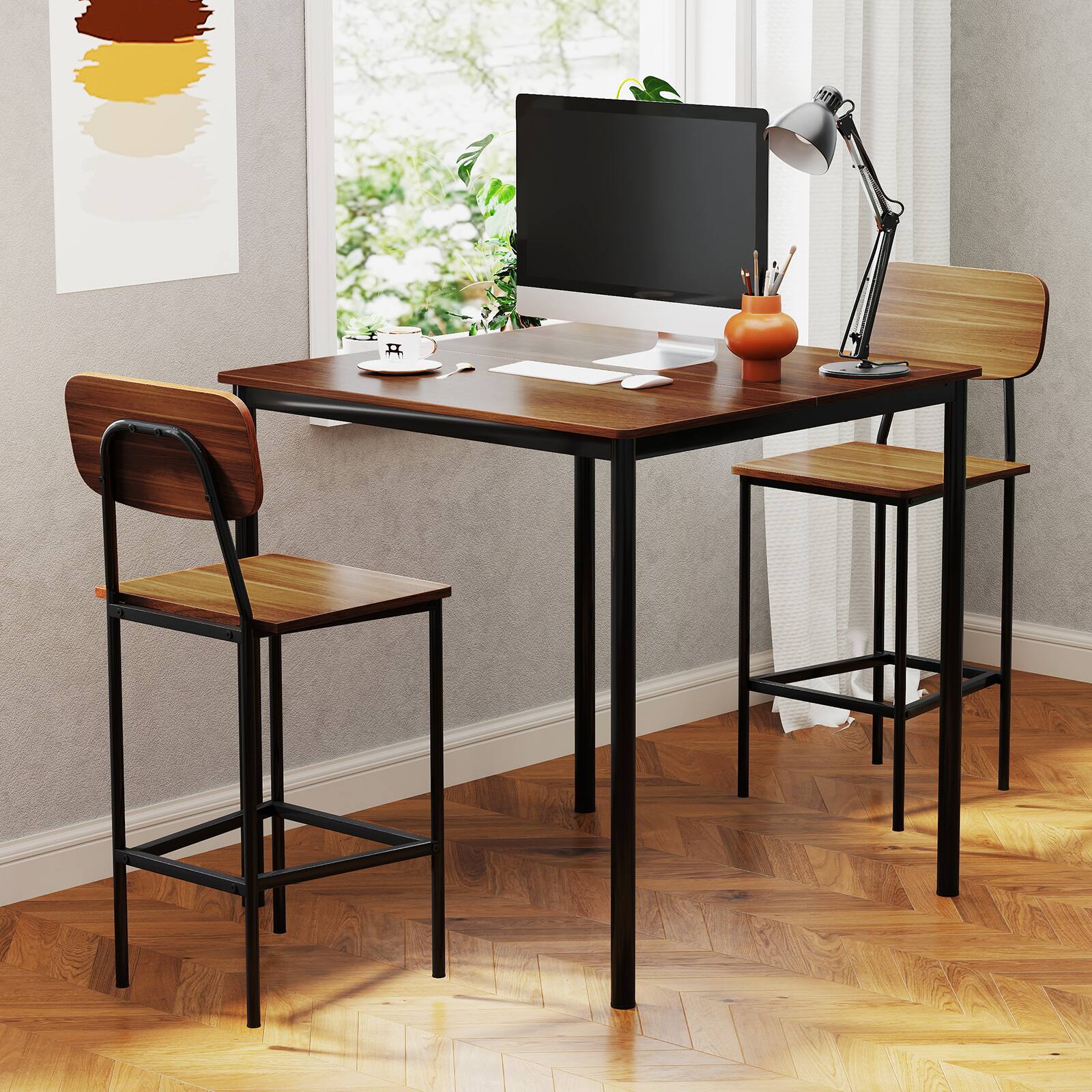 Alt View 2. SlickBlue - 5-Piece Industrial Dining Set with Counter Height Table and 4 Bar Stools - Teak.