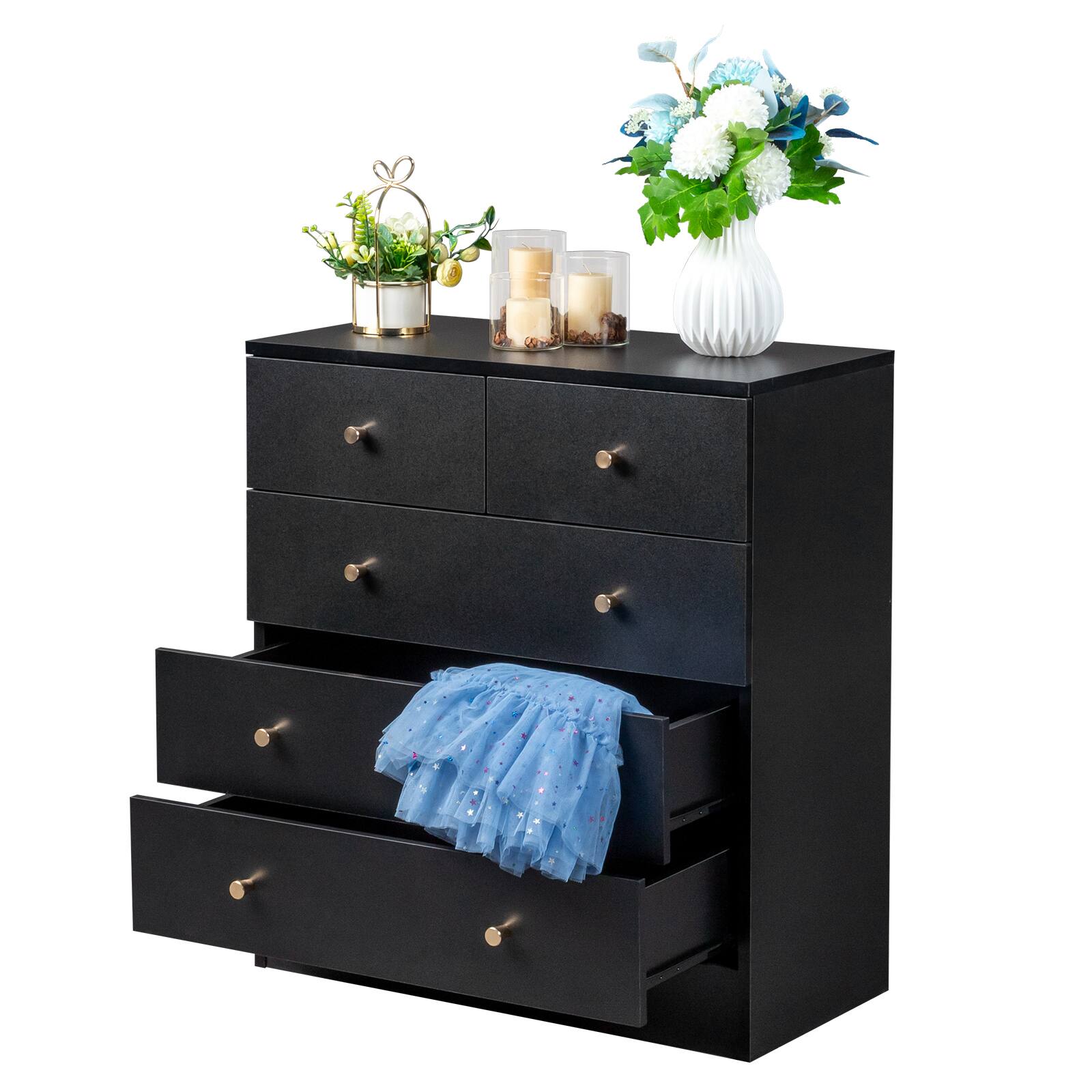 Alt View 2. Kadyn - 5 Drawer Dresser with Gold Handle, Nursery Dresser Chest Of Drawers Organizer - Black.