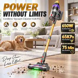 JELLYPIG - Cordless Stick Vacuum Cleaner 65KPA 650W Brushless, 75Min Runtime, Smart LED Touchscreen, 5 in 1, Pet Hair Carpet - Gold