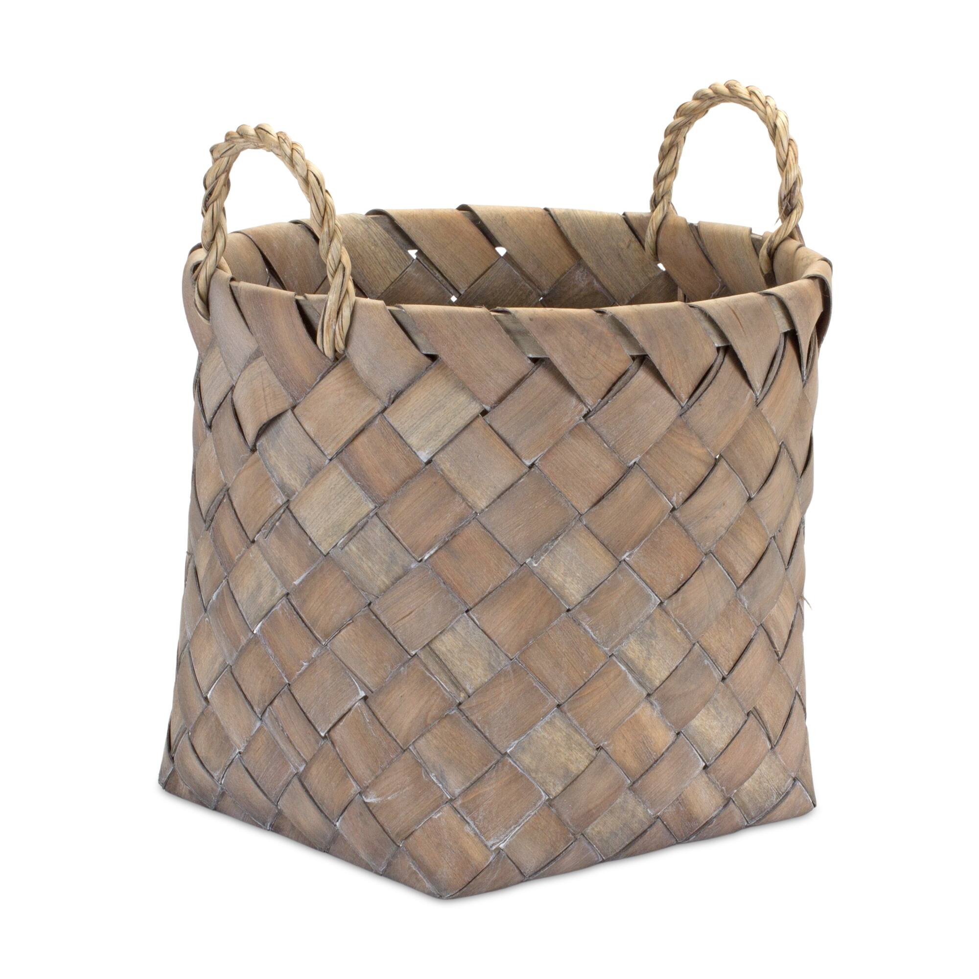 Left. BreeBe - Natural Woven Wicker Basket with Handles (Set of 3) - Brown, Tan.