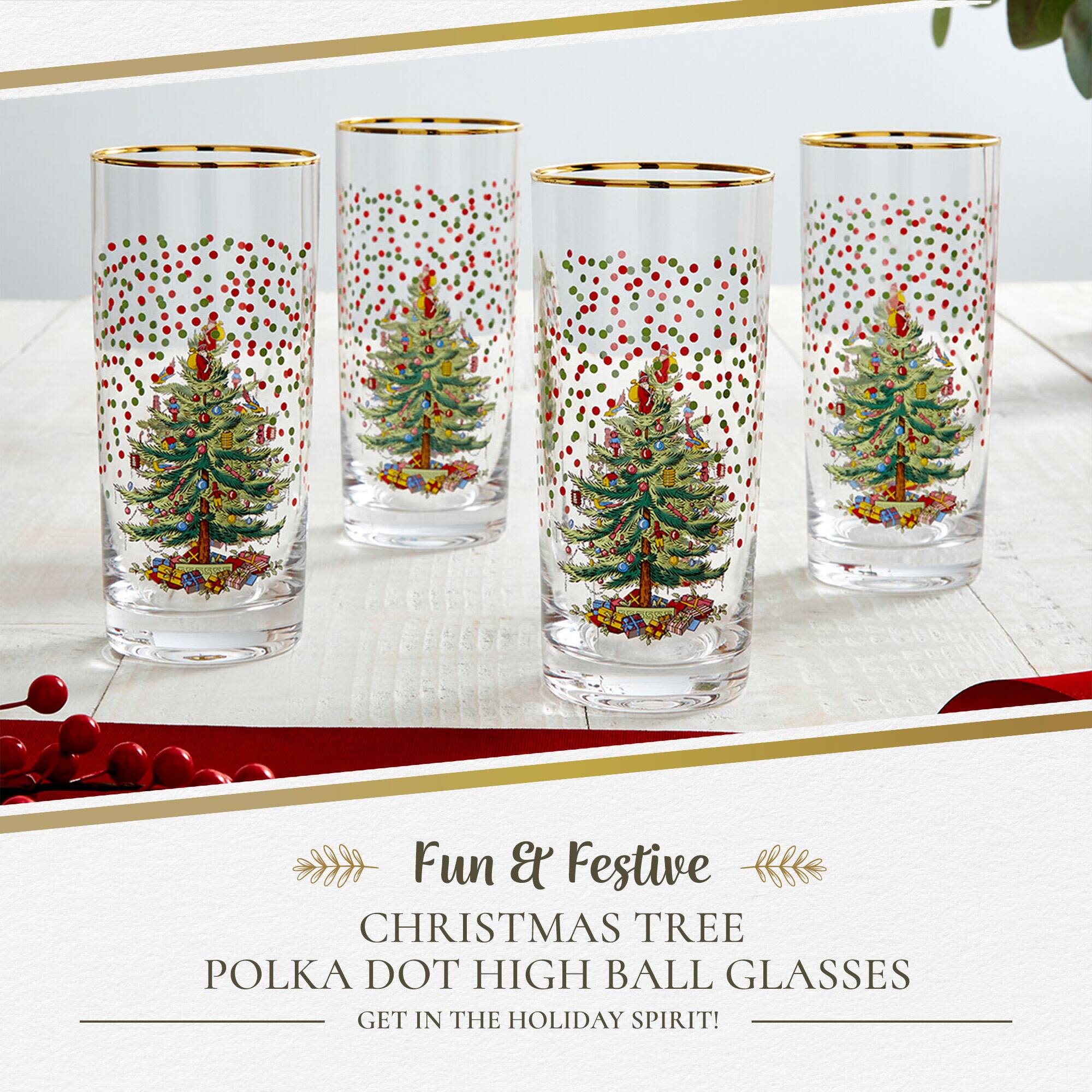 Fun & Festive CHRISTMAS TREE POLKA DOT HIGH BALL GLASSES GET IN THE HOLIDAY SPIRIT!