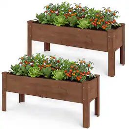 Costway - 2 PCS Wooden Raised Garden Bed with Legs, Drainage Holes, Natural Fir Garden Box - Dark Brown