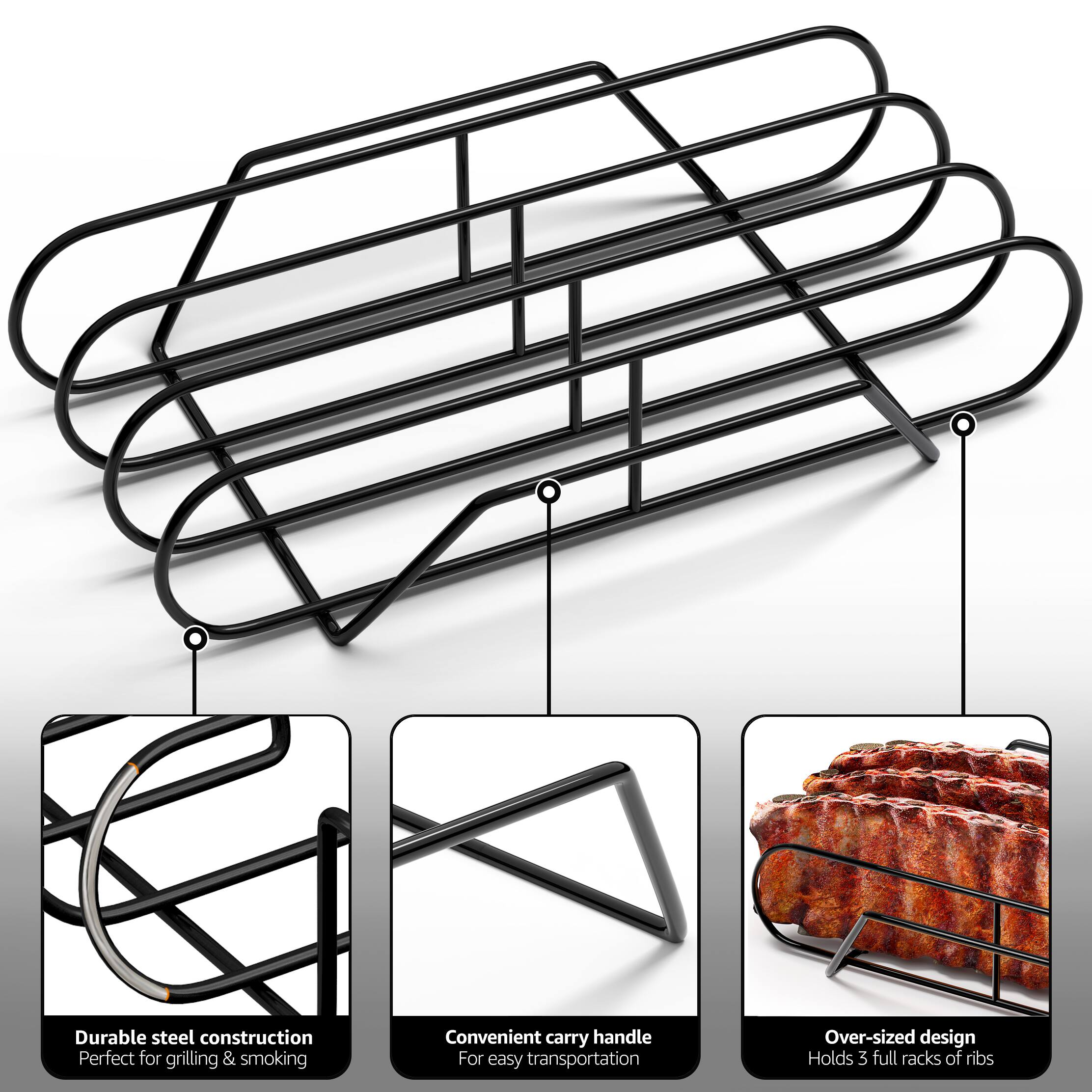 - Durable steel construction  
  Perfect for grilling & smoking

- Convenient carry handle  
  For easy transportation

- Over-sized design  
  Holds 3 full racks of ribs