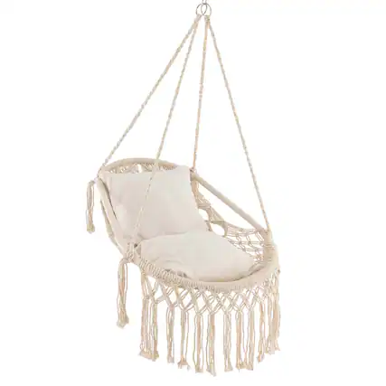 Front. Costway - Costway Indoor Outdoor Macrame Swing with Soft Seat Cushions Sturdy Hanging Rope & Chain - Beige.
