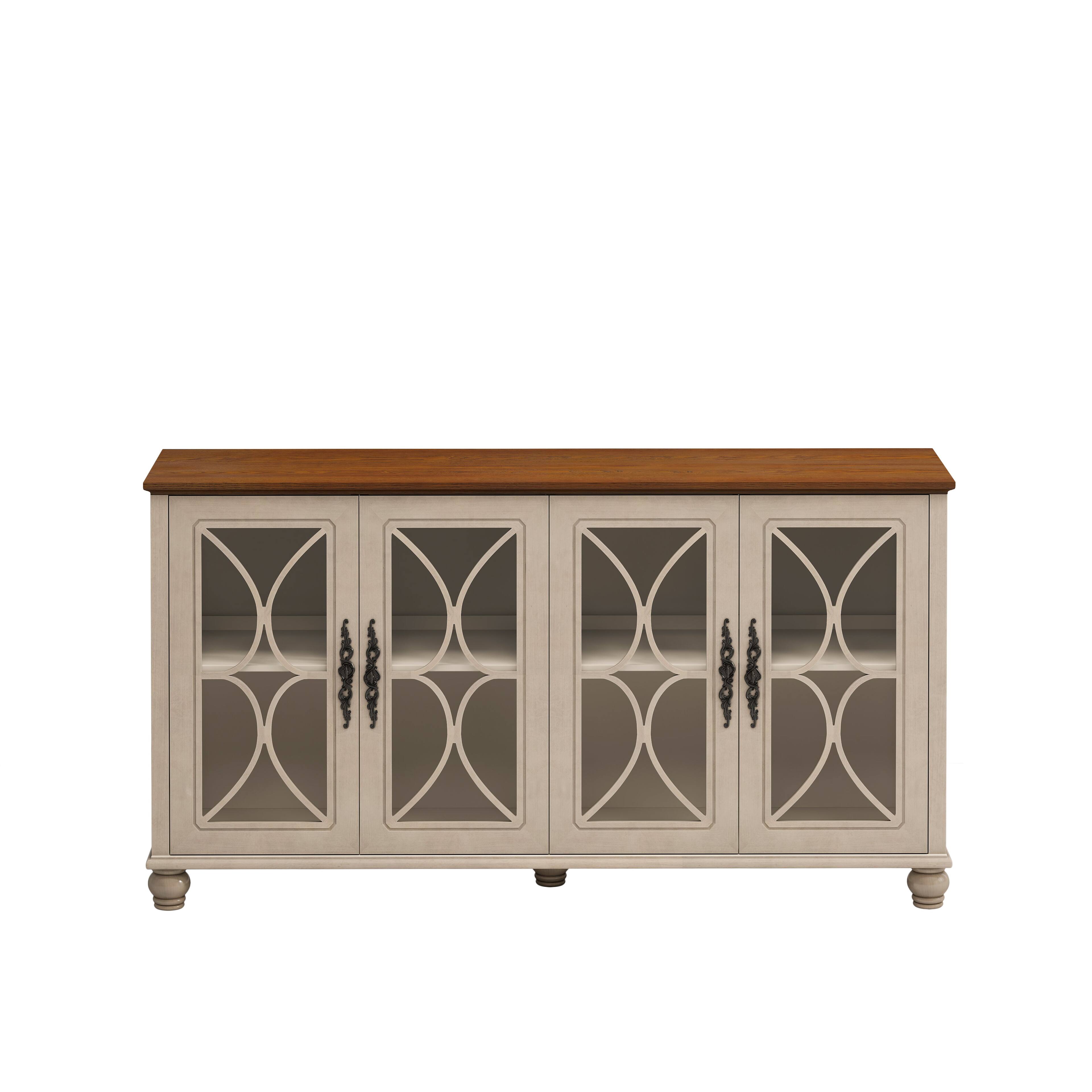 Front. Boyel Living - European Antique Style Four Door Cabinet with Tempered Glass Doors and Adjustable Shelf Beige - Beige.