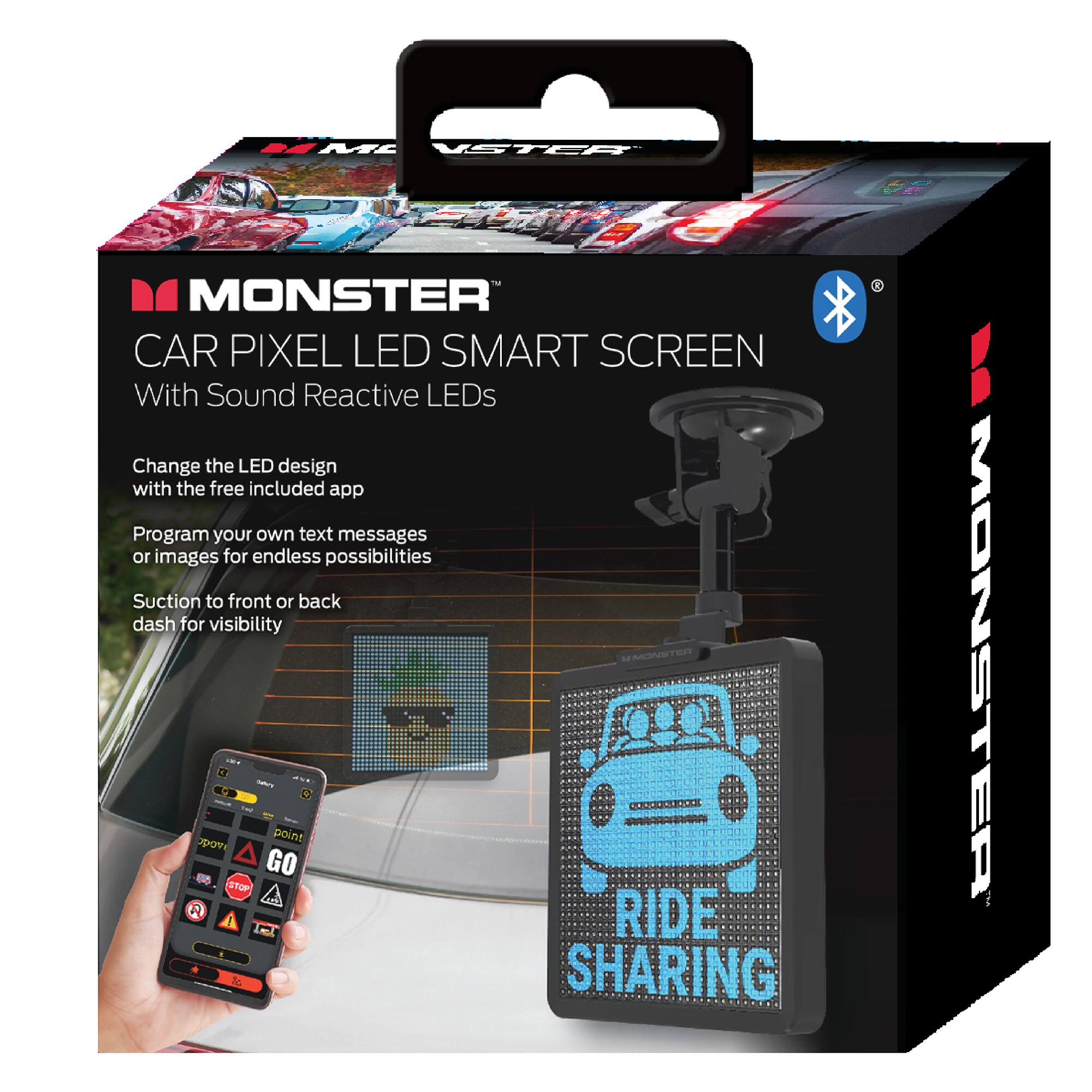 HEMT VSTEA -- MONSTER CAR PIXEL LED SMART SCREEN With Sound Reactive LEDs

Change the LED design with the free included app

Program your own text messages or images for endless possibilities

Suction to front or back dash for visibility

"nT -. - L - | COGdUUCE i point p GO - STOF R RIDE Ic SHARING"