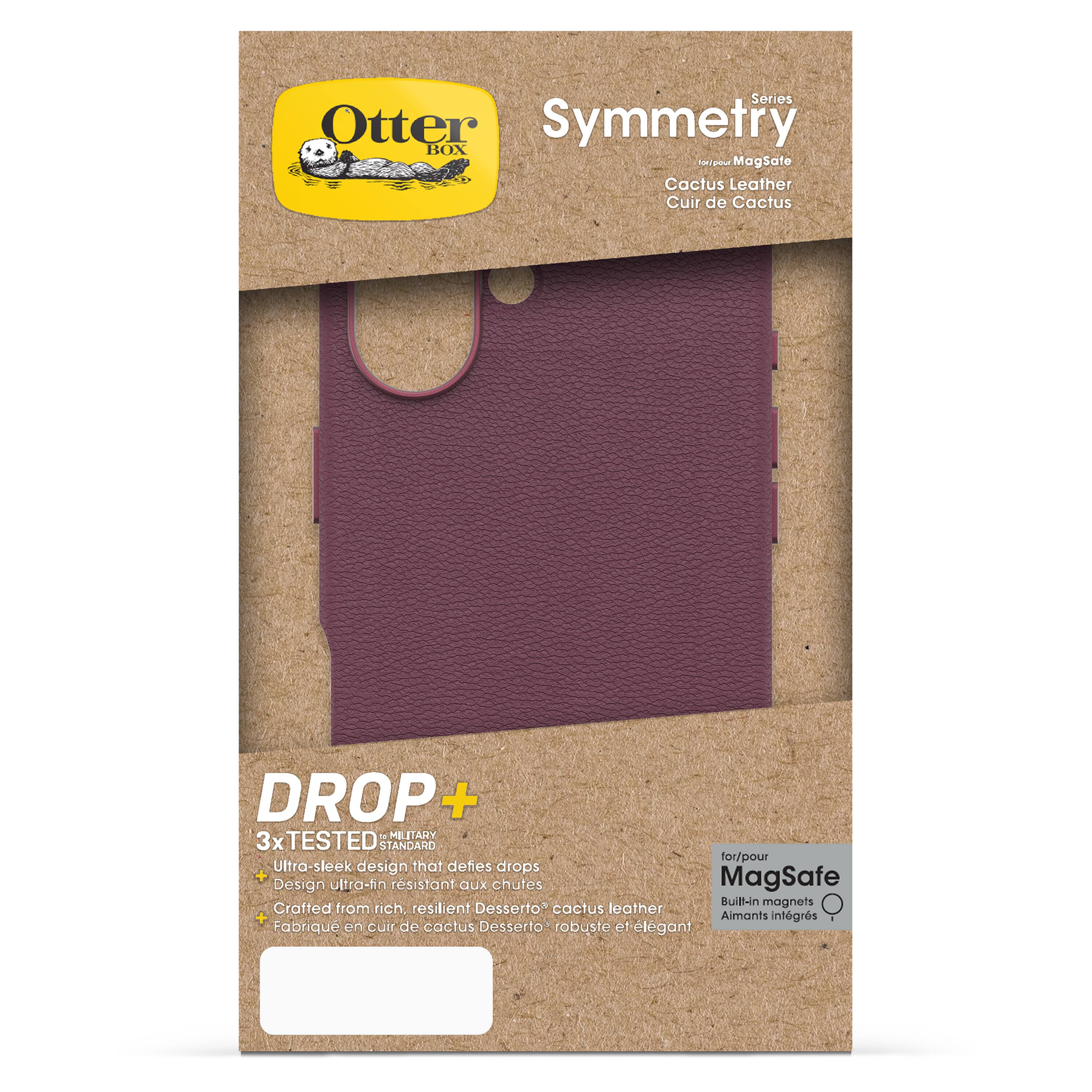 The text on the image reads: "Series Otter Symmetry BOX Aa - MagSate Cactus Leather Cuir de Cactus DROP + MILITARY - 3x TESTED STANDARD for/pour Ultra-sleek design that defes drops + MagSafe Design ultra-fin rsistant aux chufes BuiB-in magnets Crafted from rich resilient Desserto cactus eather Aimants intgrs Fabrique en cuir de cactus Desserto robuste e1 lgant."