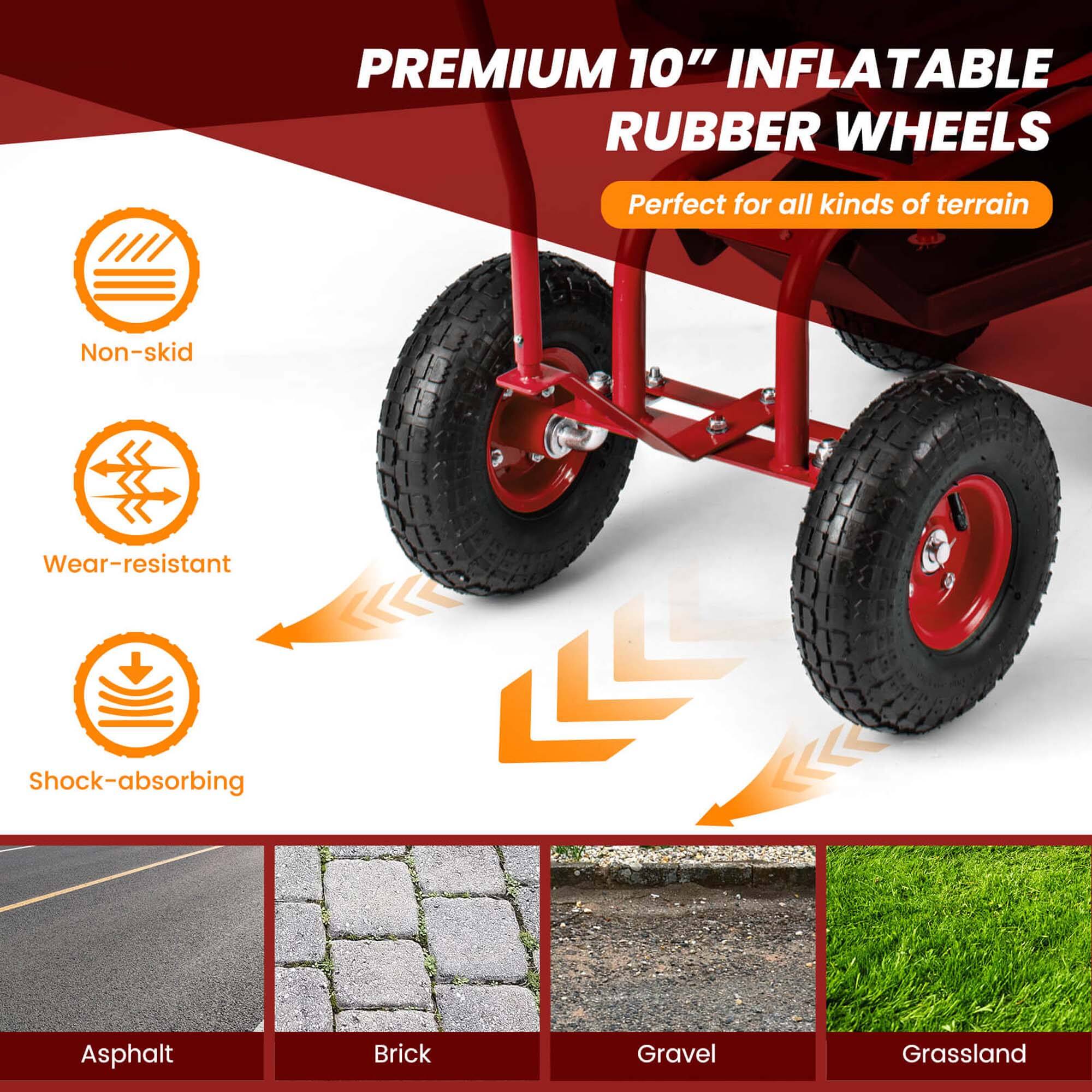 PREMIUM 10" INFLATABLE RUBBER WHEELS  
Perfect for all kinds of terrain  

- Non-skid  
- Wear-resistant  
- Shock-absorbing  

Asphalt  
Brick  
Gravel  
Grassland