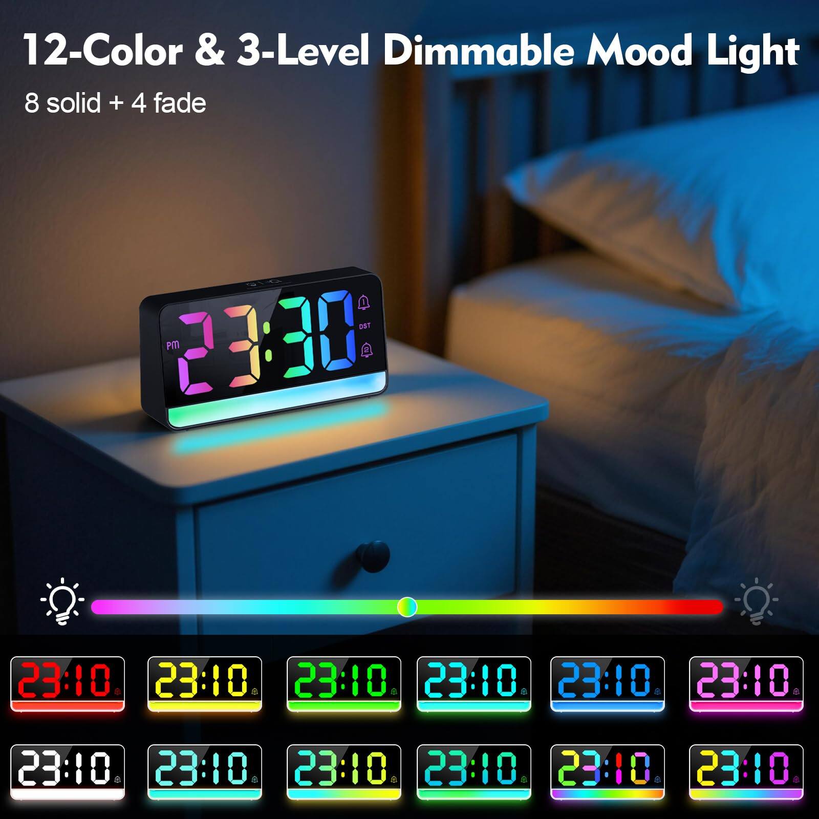 12-Color & 3-Level Dimmable Mood Light  
8 solid + 4 fade
