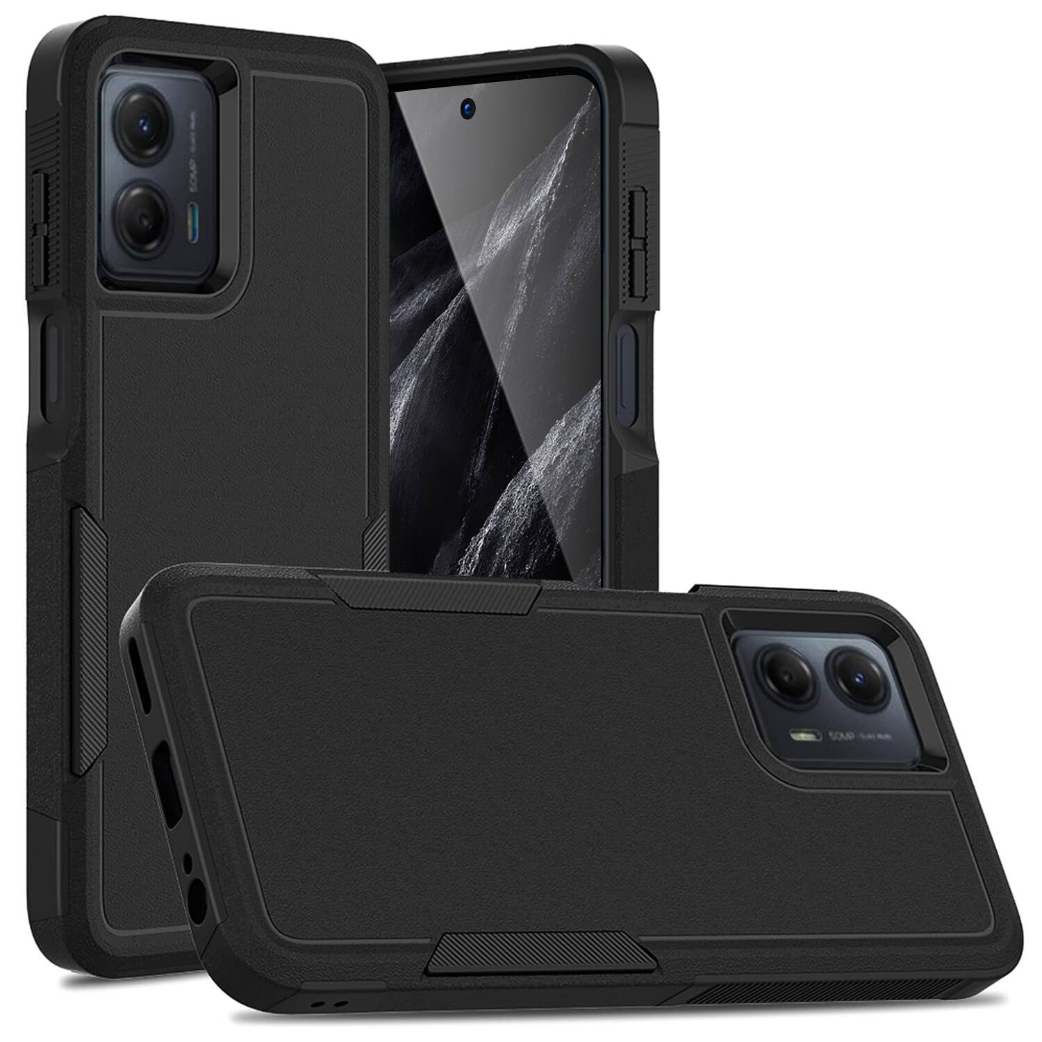 Left. Equipd - Case for Moto G 5G 2024 (6.6 Inch), Heavy Duty Rugged Shockproof Protection Cover with Tempered Glass Screen Protector - Black.