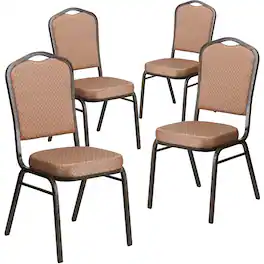 Emma + Oliver - 4 Pack Crown Back Stacking Banquet Chair - Gold Diamond Patterned Fabric/Gold Vein Frame