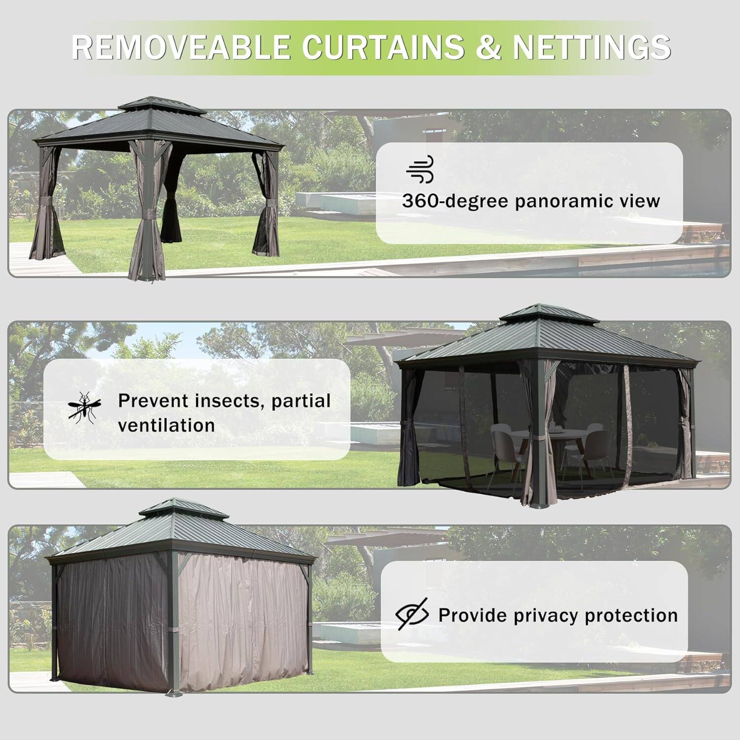 REMOVEABLE CURTAINS & NETTINGS

- 360-degree panoramic view
- Prevent insects, partial ventilation
- Provide privacy protection