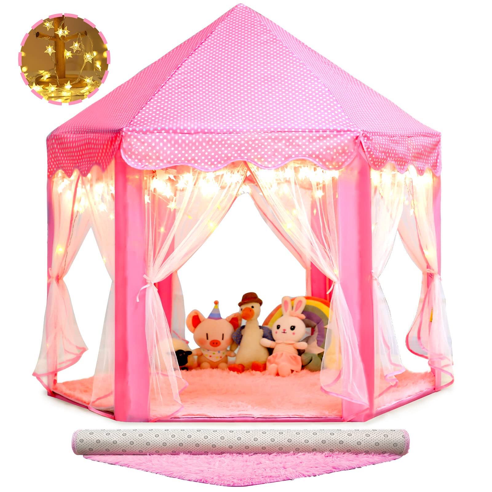 Front. Paradigms Interiors - Princess Castle Tent For Fairy Play Tents Hexagon Playhouse With Star Lights Toys Or Indoor Outdoor Games pink - Pink Princess Tent with Rug.