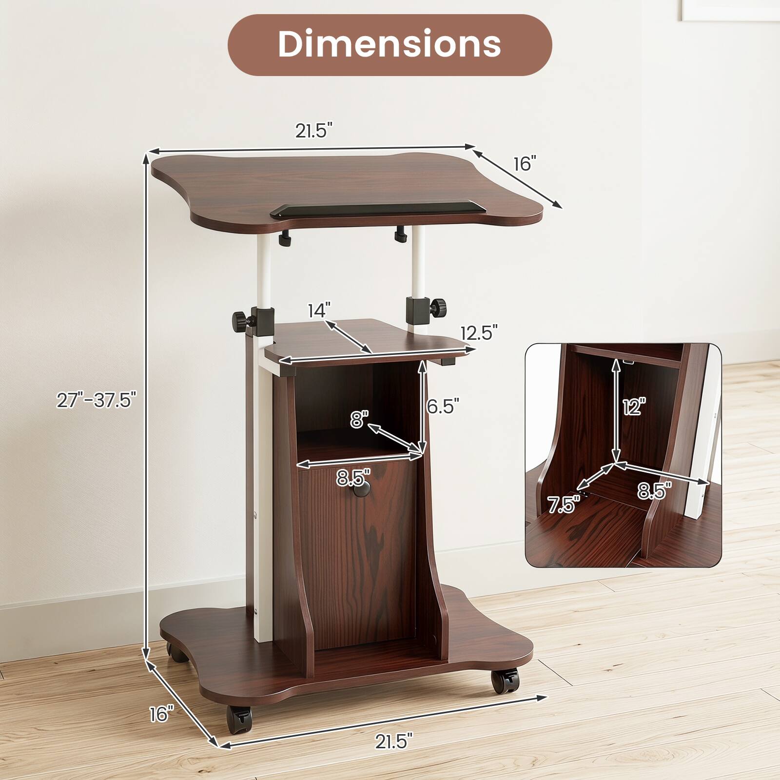 Dimensions: 21.5" x 16" x 14" x 12.5" x 27-37.5" x 8" x 6.5" x 12" x 8.5" x 7.5" x 8.5" x 16" x 21.5"