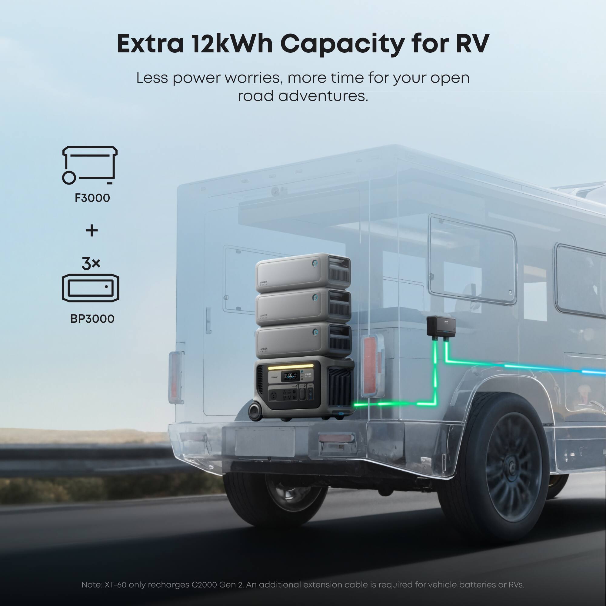Extra 12kWh Capacity for RV  
Less power worries, more time for your open road adventures.  

F3000 + 3x BP3000  

Note: XT-60 only recharges C2000 Gen 2. An additional extension cable is required for vehicle batteries or RVs.