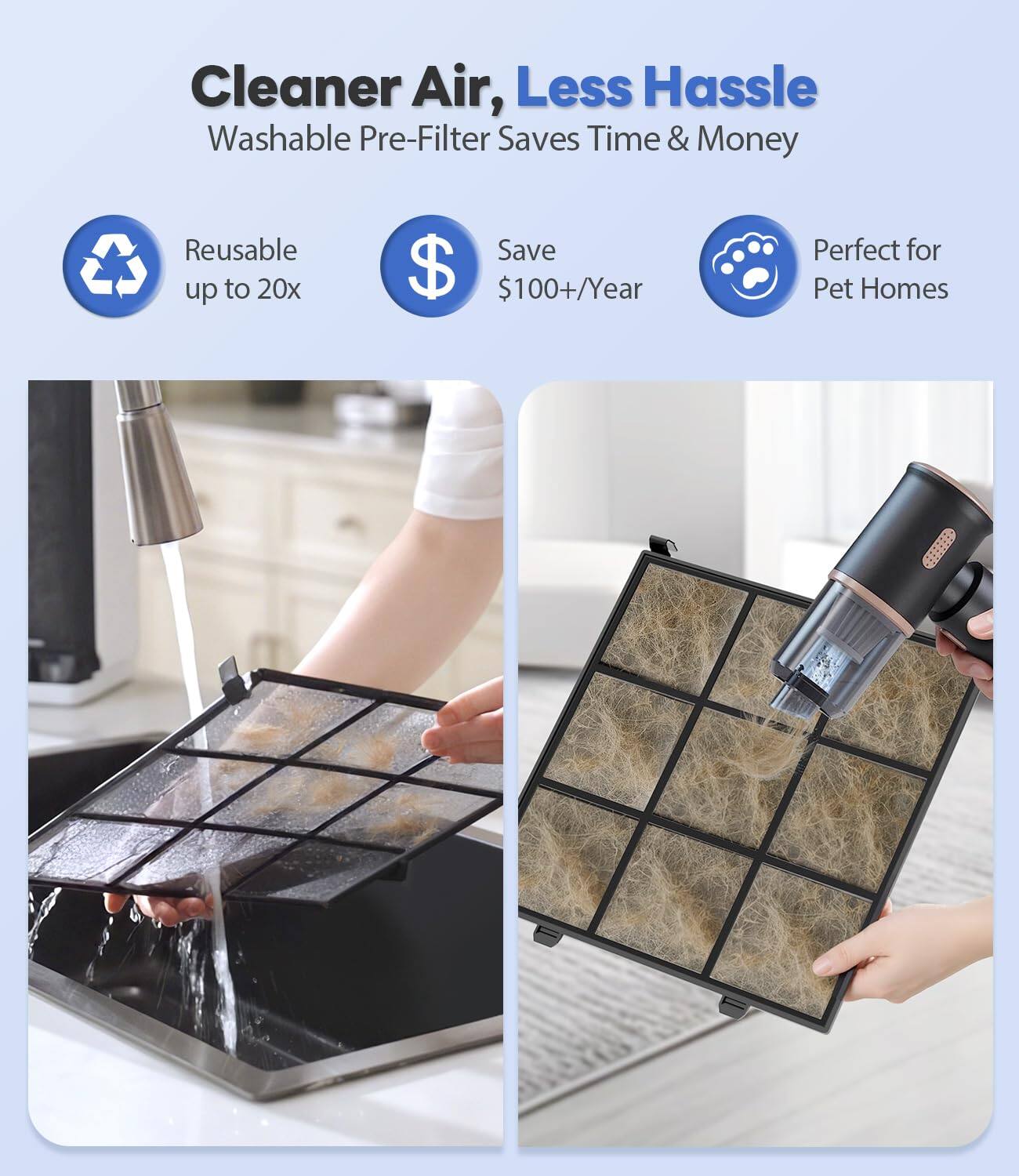 Cleaner Air, Less Hassle  
Washable Pre-Filter Saves Time & Money  

Reusable up to 20x  
Save $100+/Year  
Perfect for Pet Homes