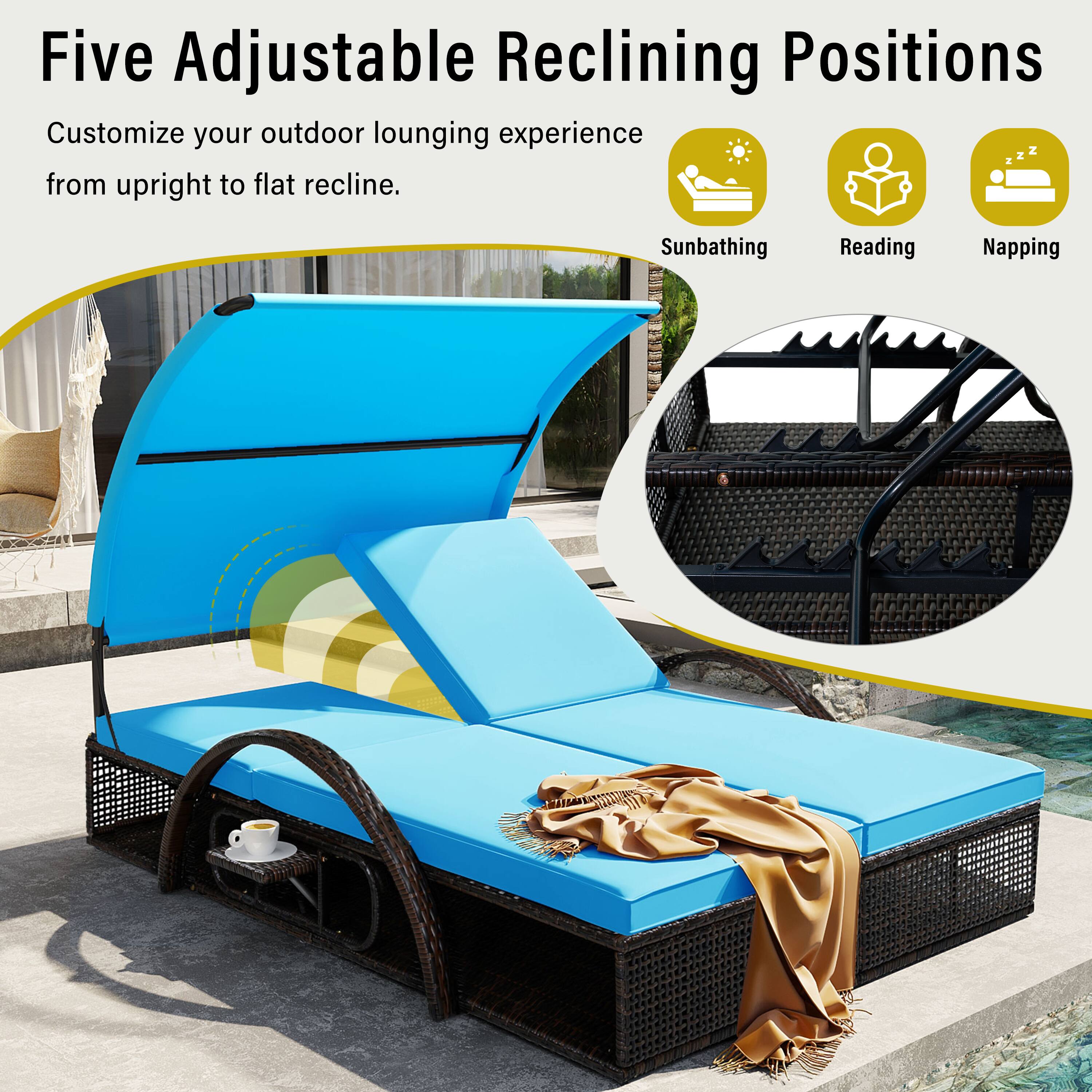 Five Adjustable Reclining Positions

Customize your outdoor lounging experience from upright to flat recline.

Sunbathing
Reading
Napping