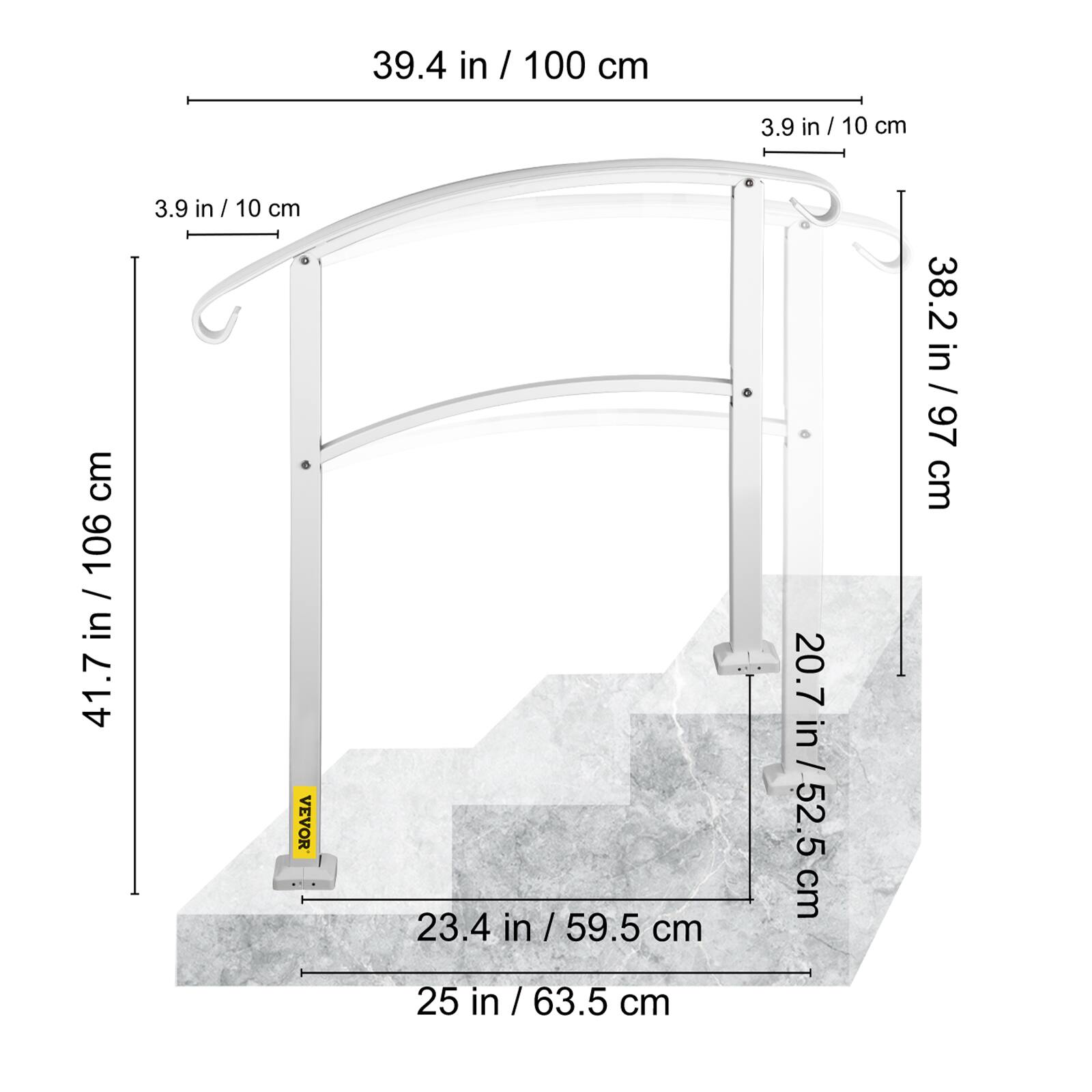 39.4 in / 100 cm, 3.9 in / 10 cm, 41.7 in / 106 cm, 23.4 in / 59.5 cm, 25 in / 63.5 cm, 20.7 in / 52.5 cm, 38.2 in / 97 cm.