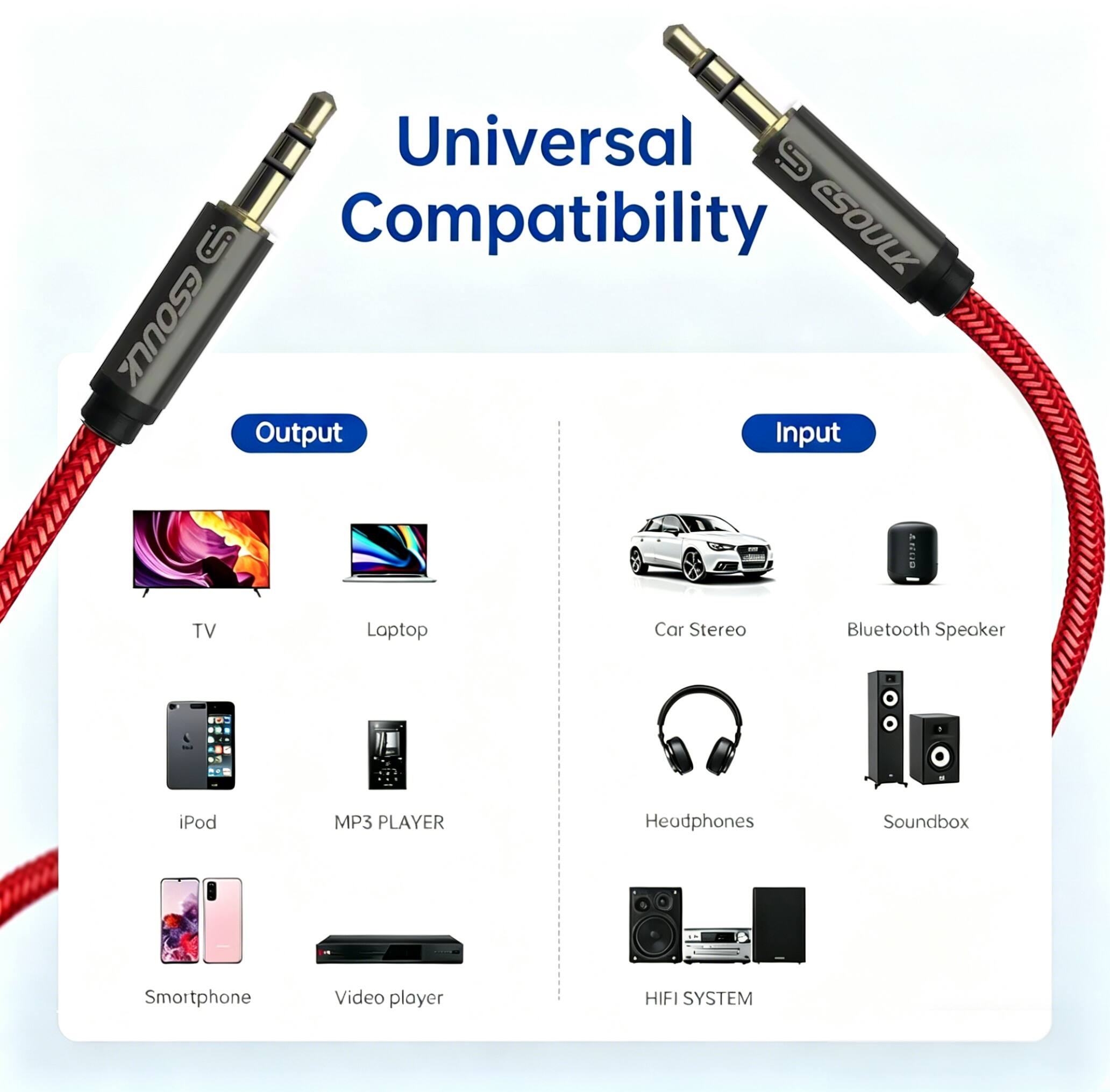 Universal Compatibility

Output:
- TV
- Laptop
- iPod
- MP3 PLAYER
- Smartphone
- Video player

Input:
- Car Stereo
- Bluetooth Speaker
- Headphones
- Soundbox
- HIFI SYSTEM
