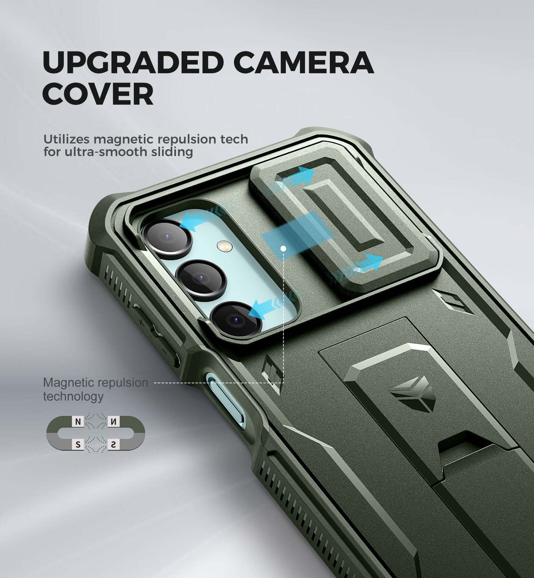UPGRADED CAMERA COVER, Utilizes magnetic repulsion tech for ultra-smooth sliding, Magnetic repulsion technology, N S S