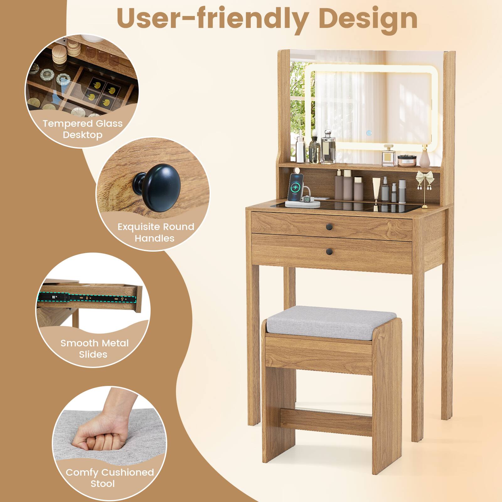 User-friendly Design

- Tempered Glass Desktop
- Exquisite Round Handles
- Smooth Metal Slides
- Comfy Cushioned Stool