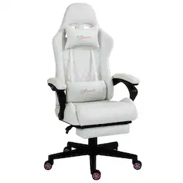 HTUTWOO - High Back PU Leather Gaming Chair - with Lumbar Support & Retractable Footrest,Swivel,for Home Office/Gaming Room - White