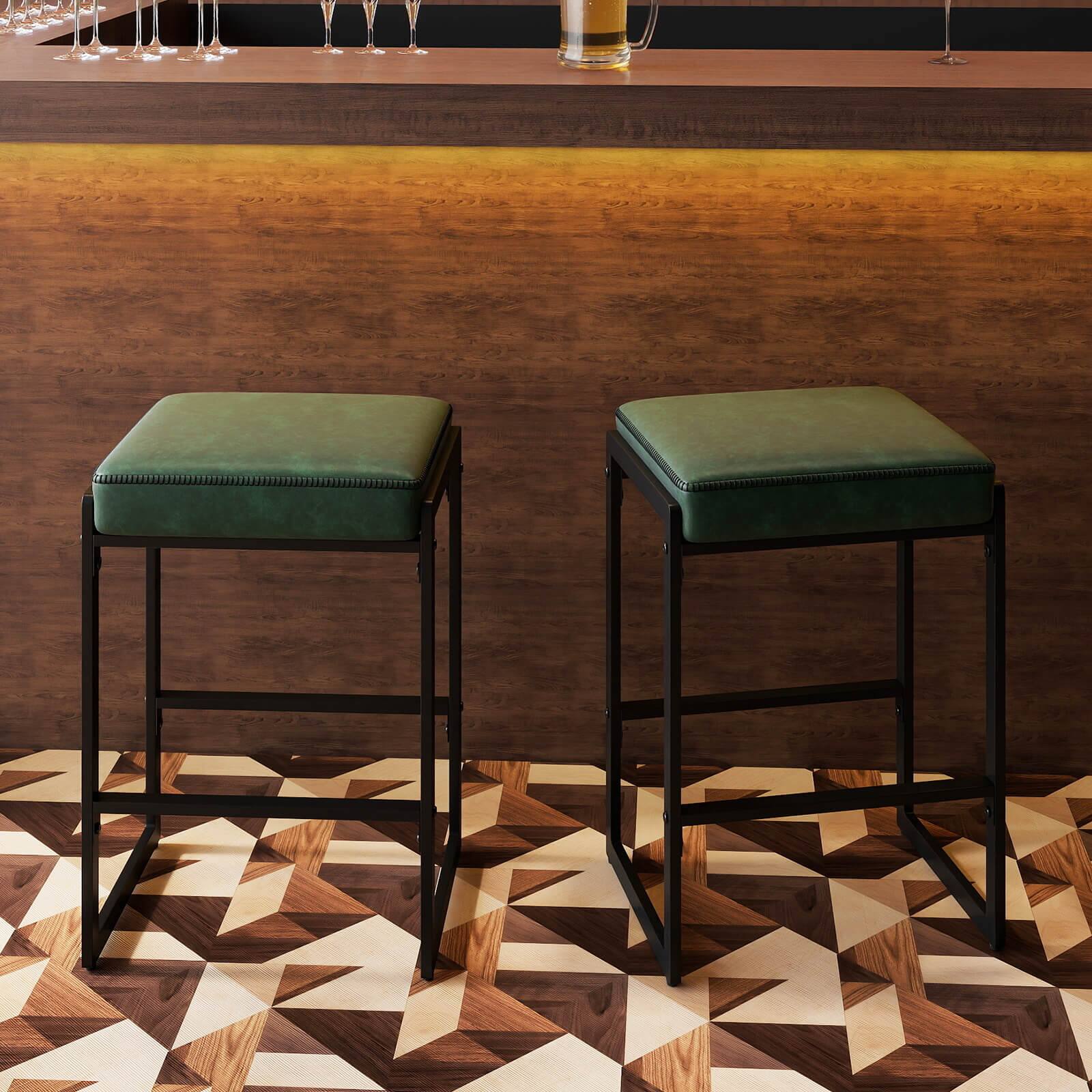 Alt View 1. Costway - Costway 26" Bar Stools Set of 2 with Faux Leather Upholstered Seat, Metal Legs, Footrests - Green + Black.