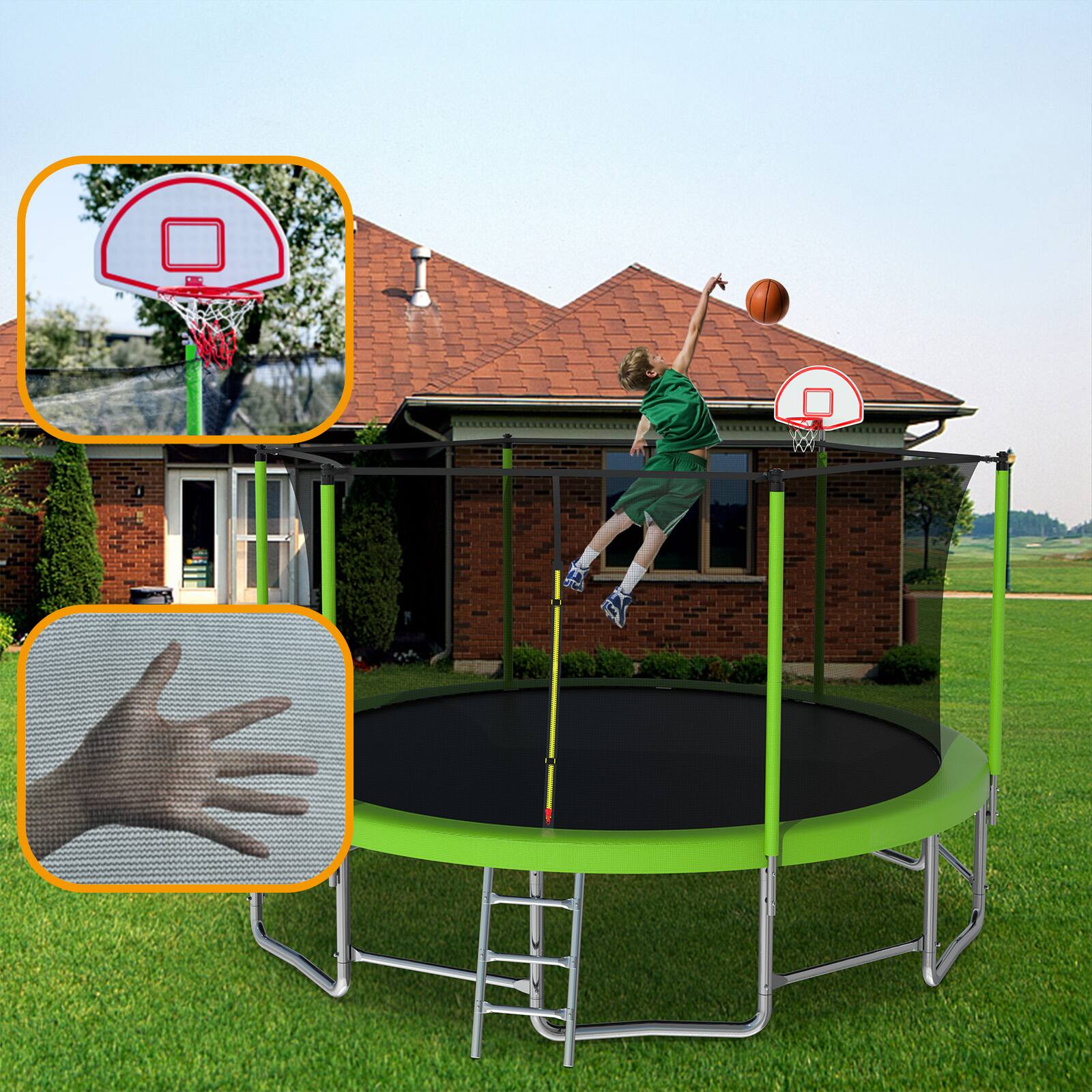 Left. Aukfa - 15FT Trampoline with Basketball Hoop - Safety Enclosure for Kids & Adults, Backyard Outdoor Use.