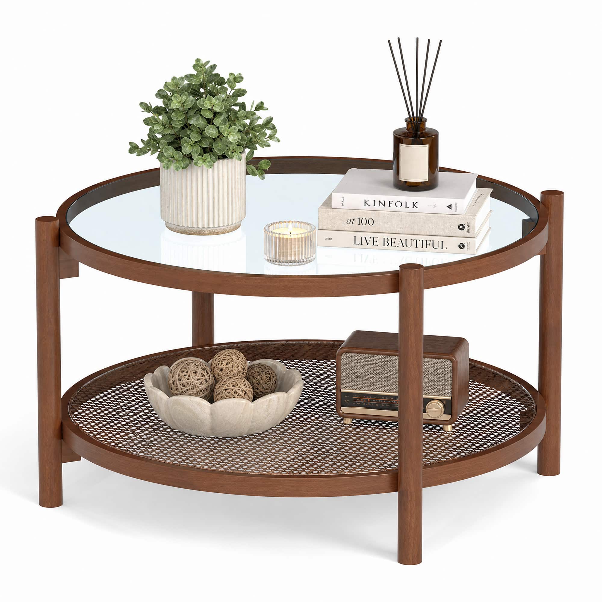 "WELLFOR - 31"" 2-Tier Round Coffee Table with Tempered Glass Top, Center Table with Storage Shelf for Living Room - Cherry" price history on PriceWatchPro