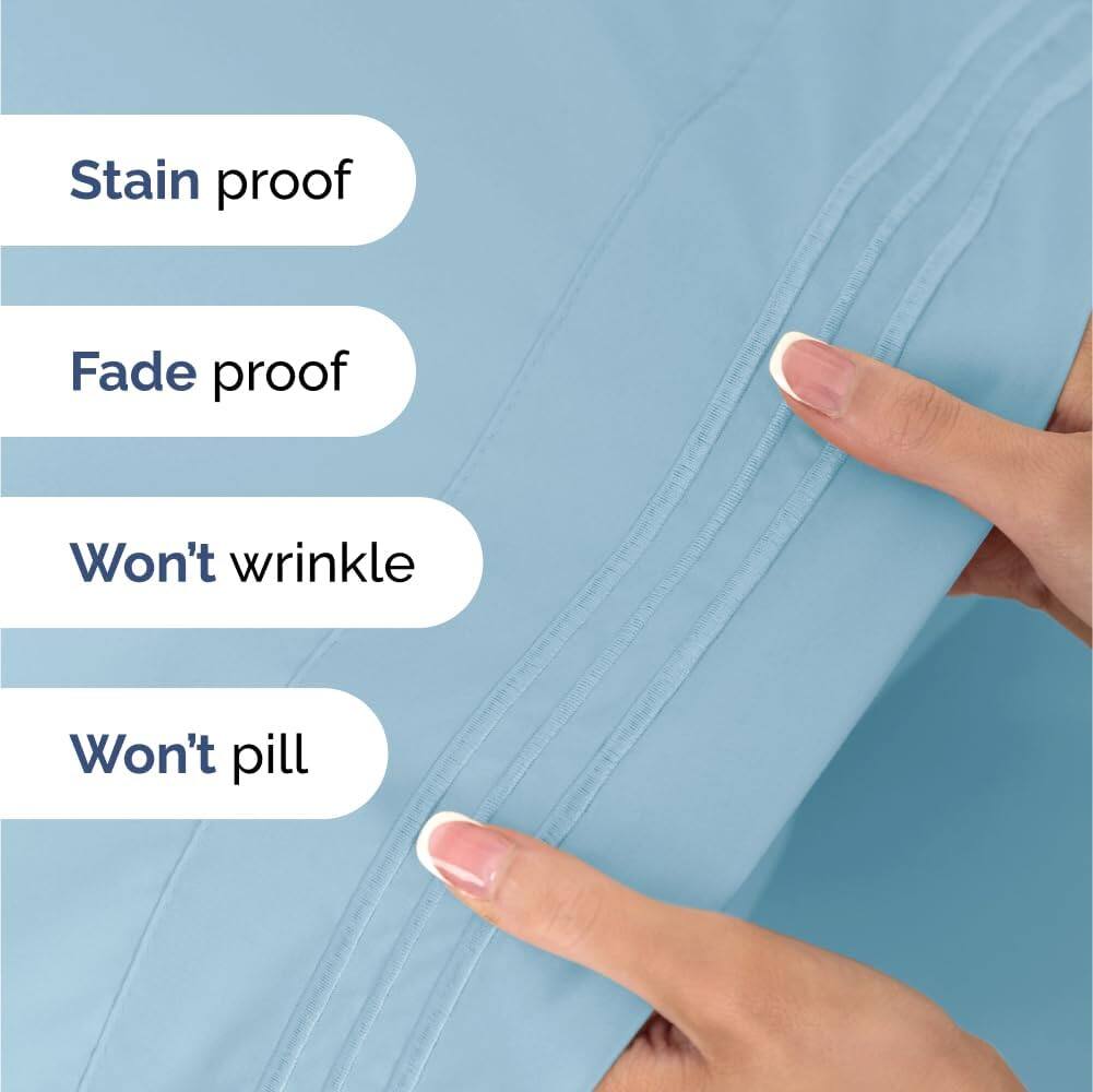 Stain proof  
Fade proof  
Won't wrinkle  
Won't pill
